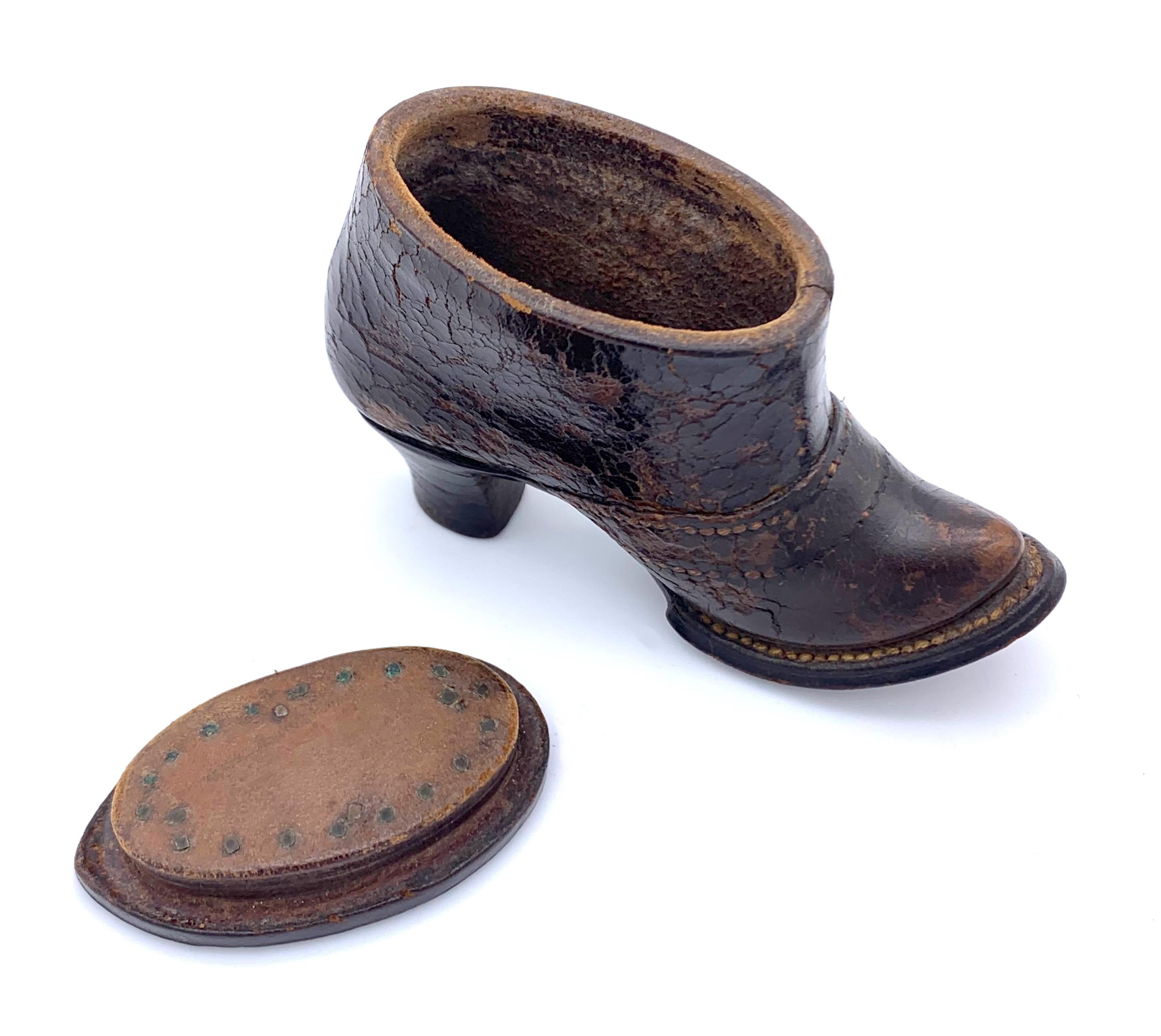 Late 19th Century Antique Leather Suffbox in the Shape of a Boot For Sale