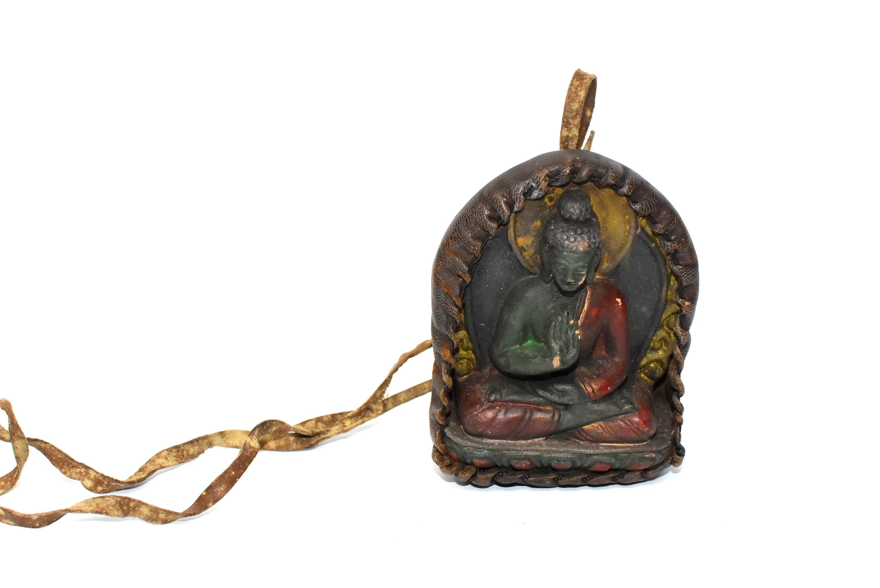 Hand-Carved Antique Leather Tibetan Amulet, with Buddha in Protection Mudra
