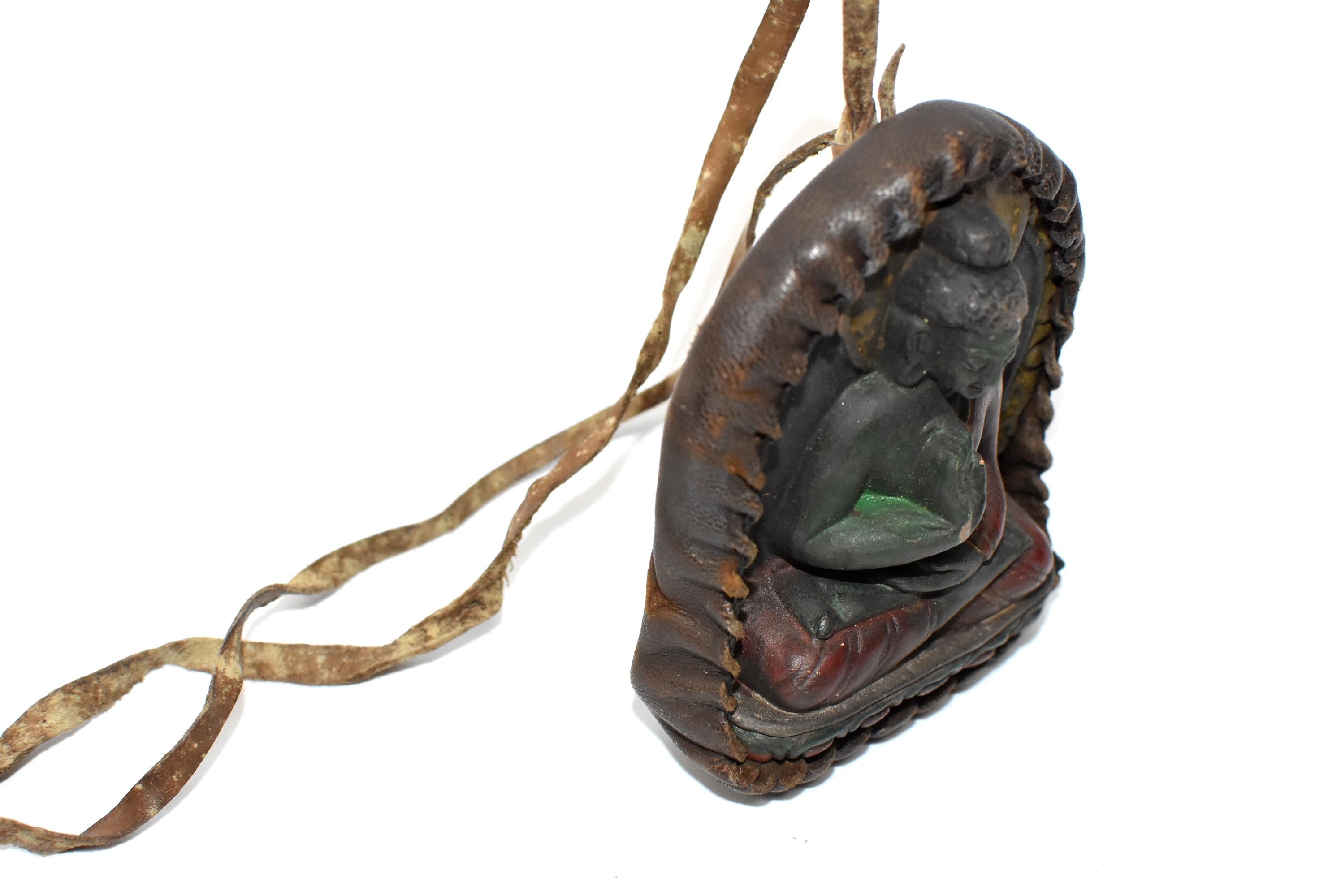 Antique Leather Tibetan Amulet, with Buddha in Protection Mudra In Good Condition In Somis, CA