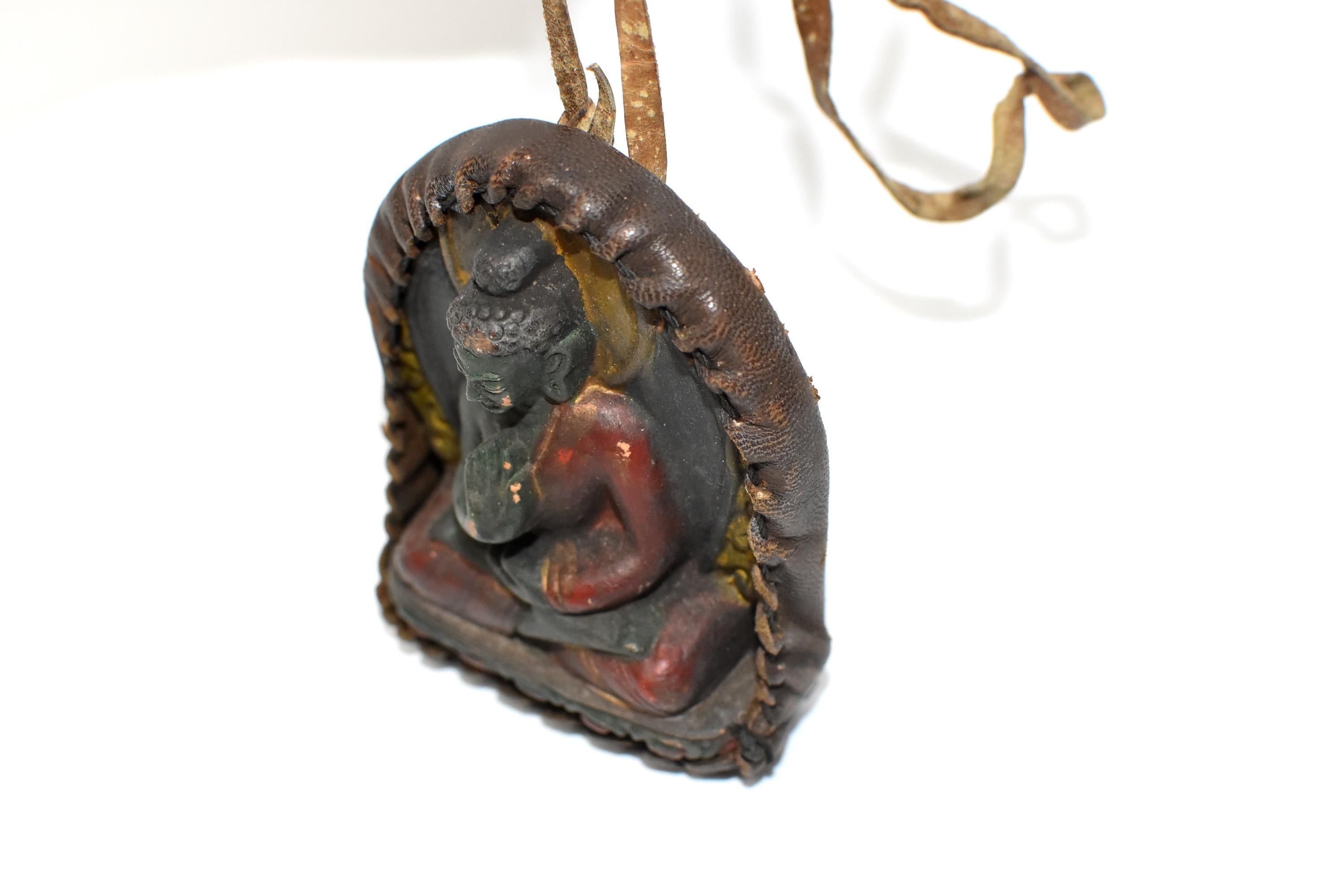 20th Century Antique Leather Tibetan Amulet, with Buddha in Protection Mudra