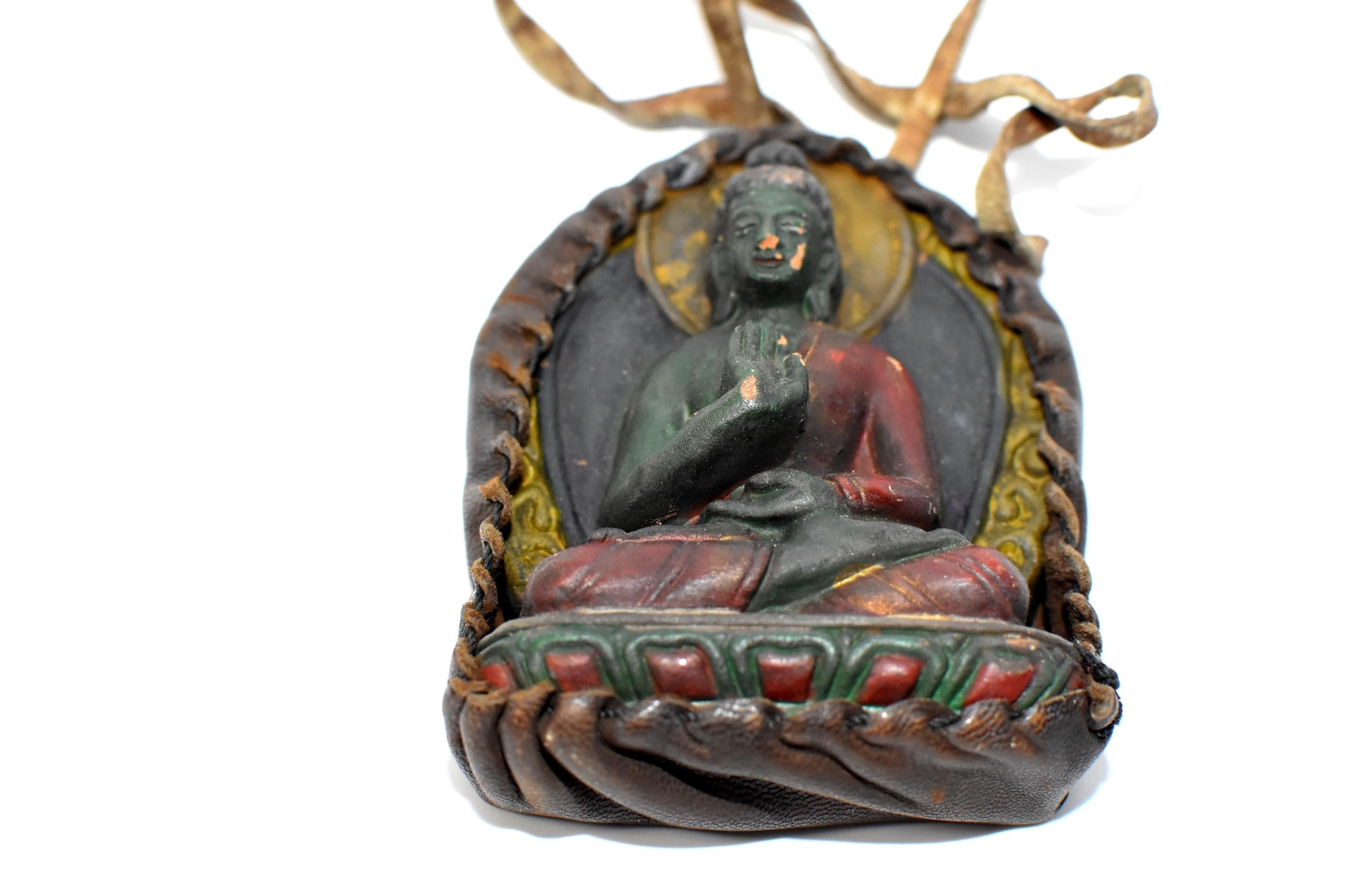 Antique Leather Tibetan Amulet, with Buddha in Protection Mudra 1