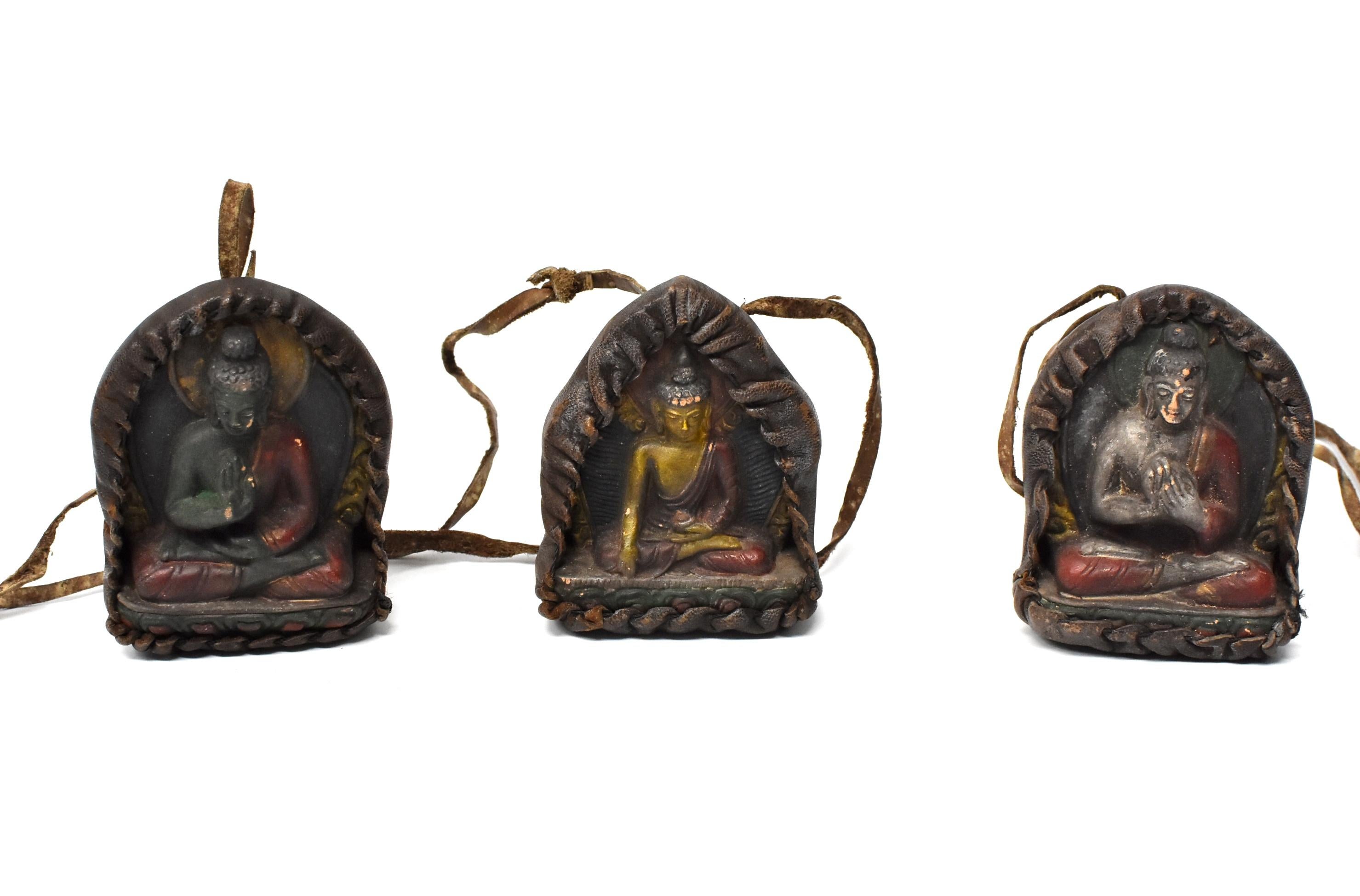 Antique Leather Tibetan Amulet, with Buddha in Protection Mudra 4