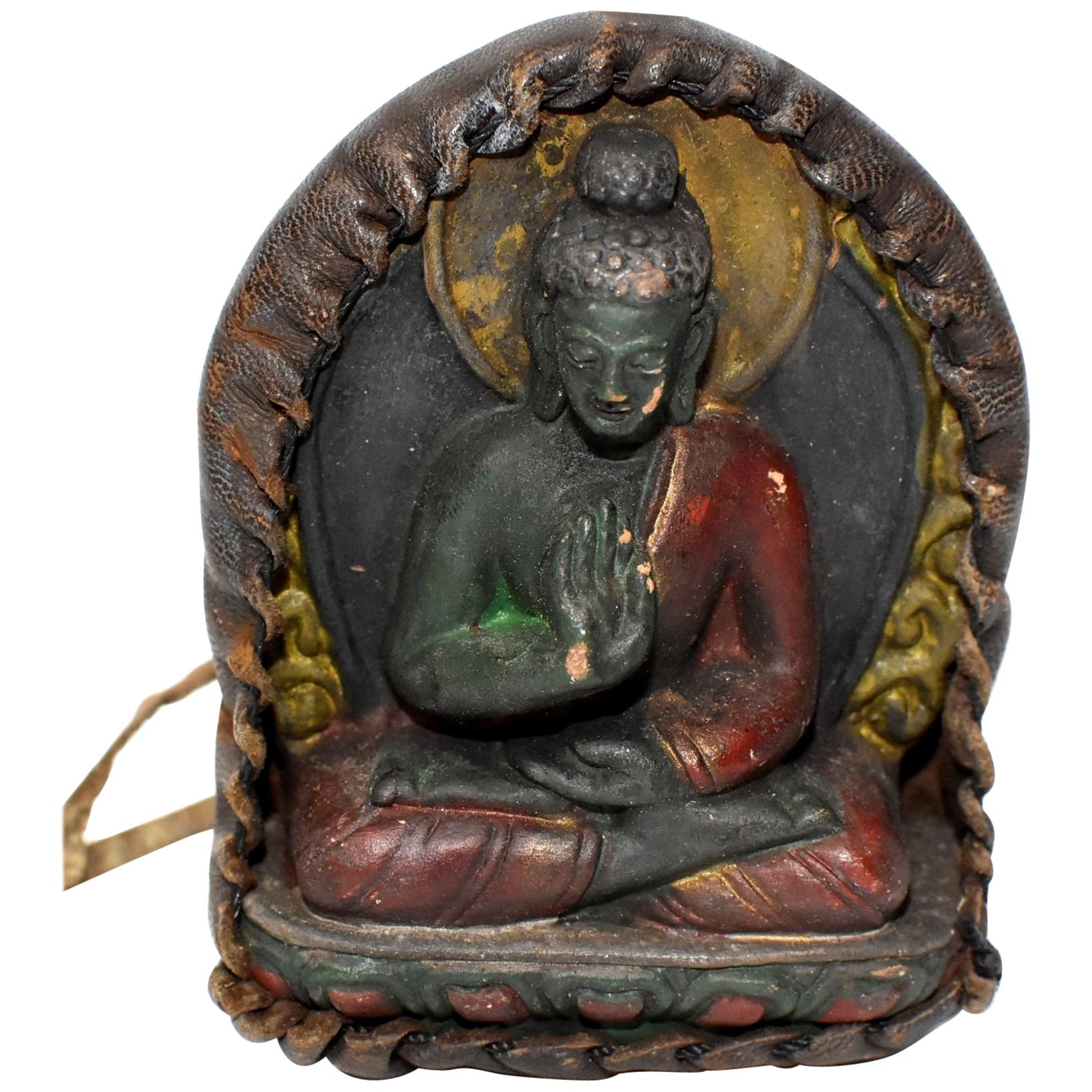Antique Leather Tibetan Amulet, with Buddha in Protection Mudra