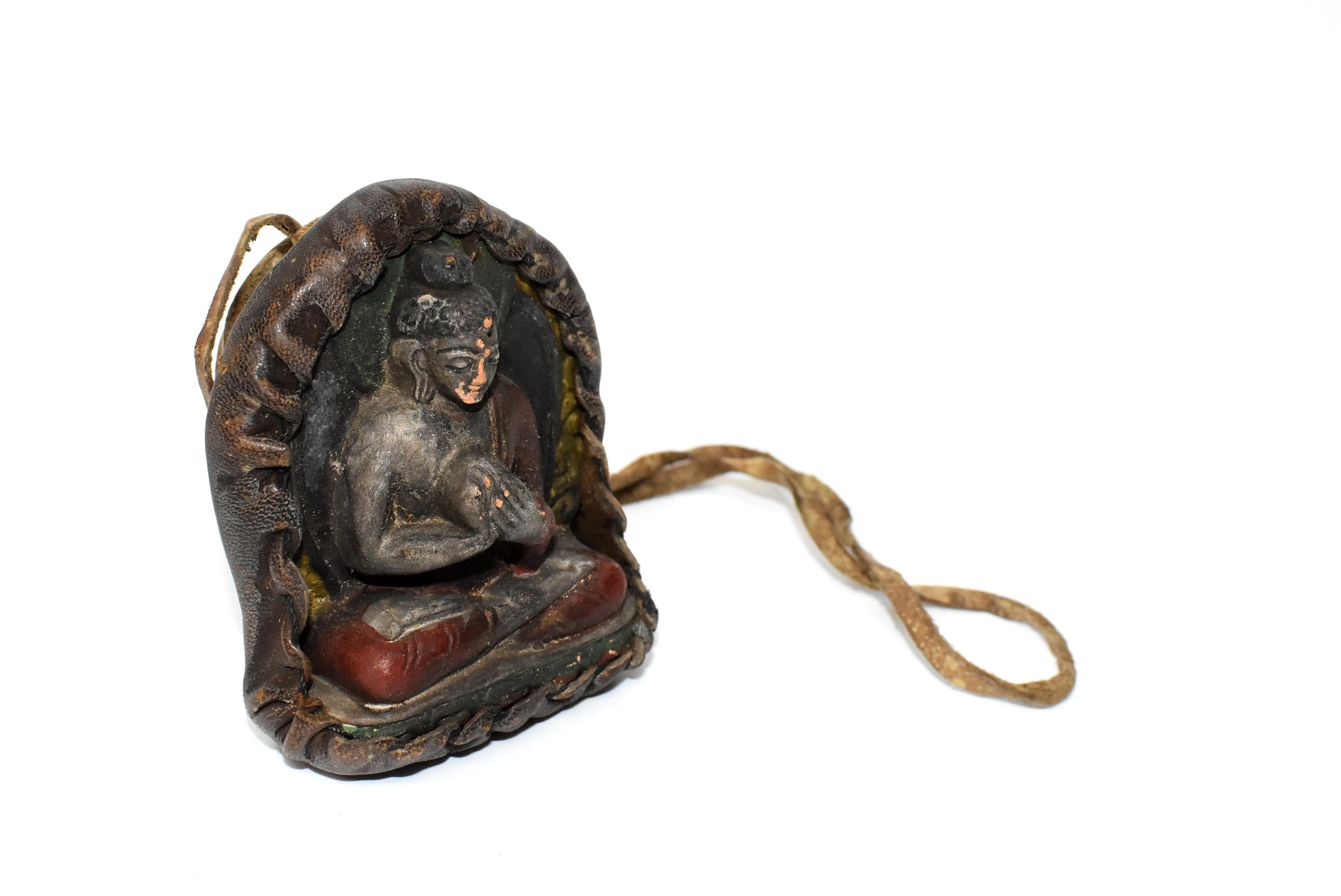 Hand-Carved Antique Leather Tibetan Amulet with Buddha Teaching