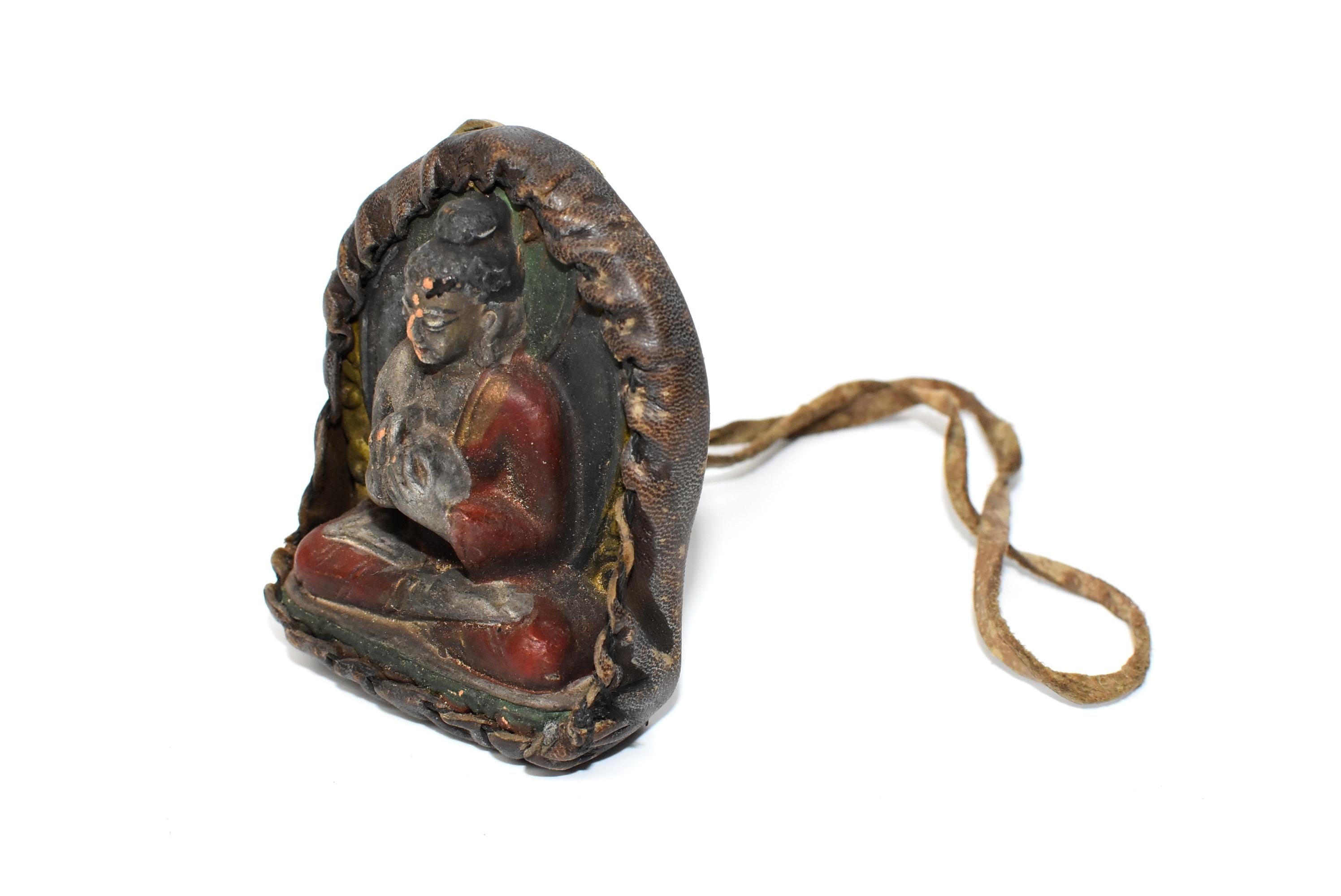 Antique Leather Tibetan Amulet with Buddha Teaching In Good Condition In Somis, CA