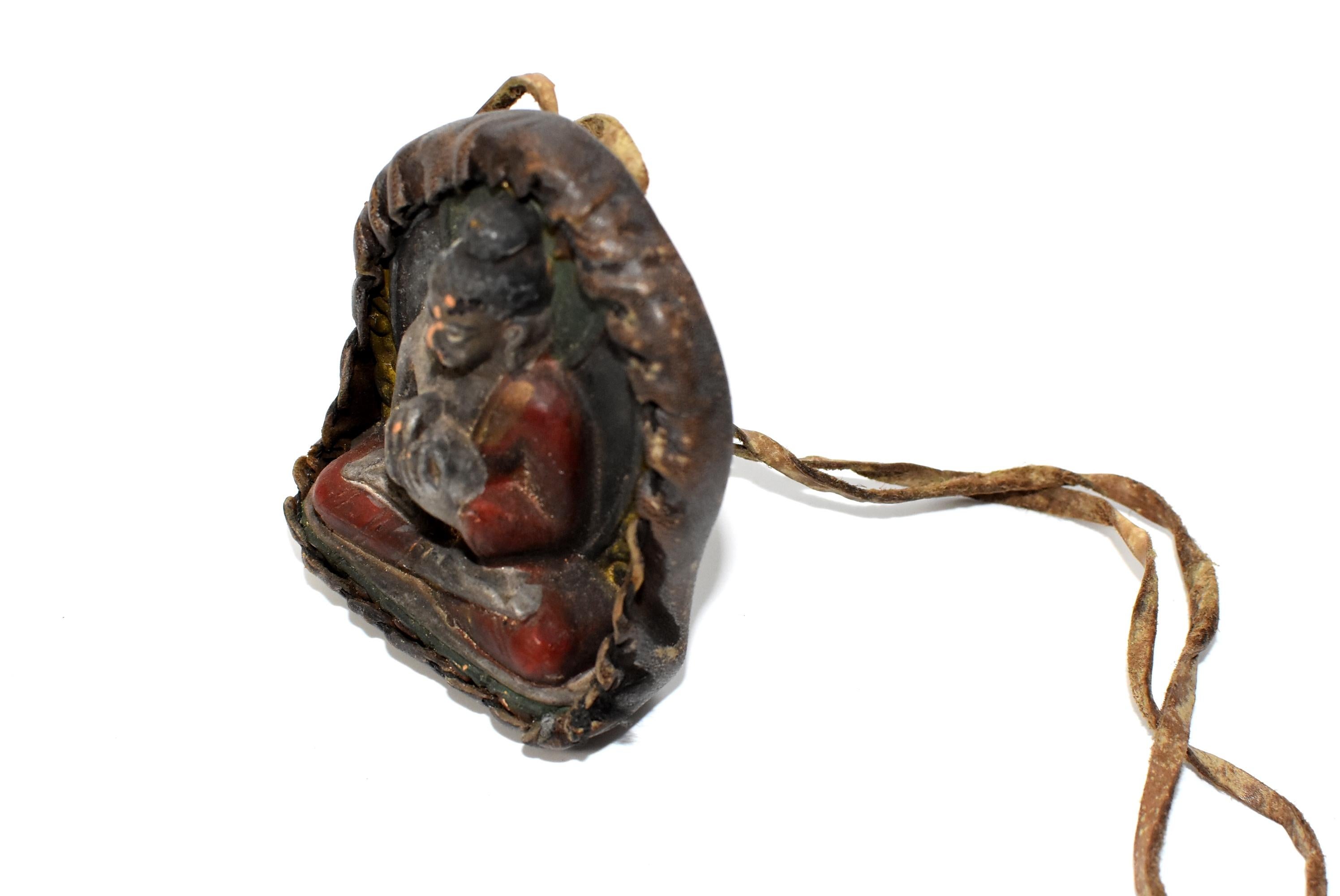 20th Century Antique Leather Tibetan Amulet with Buddha Teaching