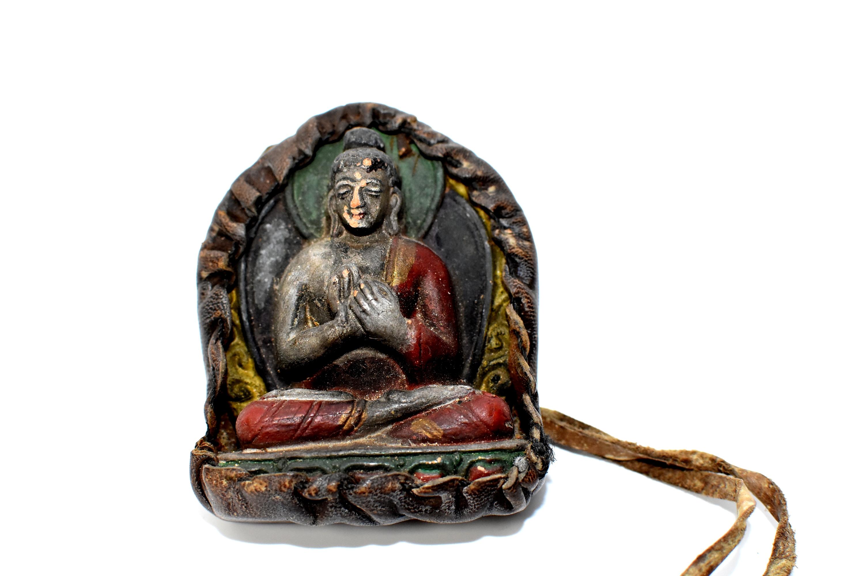 Terracotta Antique Leather Tibetan Amulet with Buddha Teaching