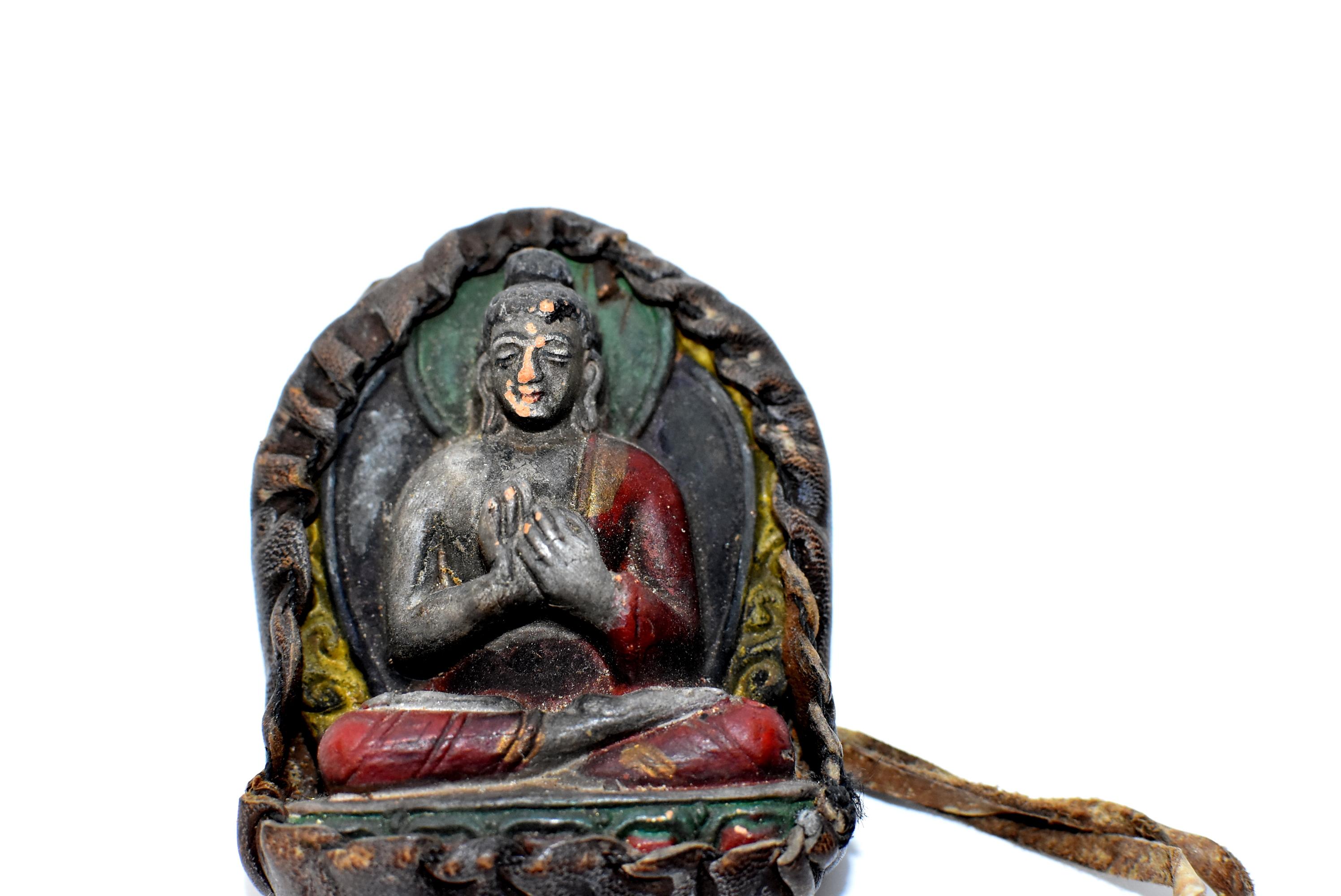 Antique Leather Tibetan Amulet with Buddha Teaching 1