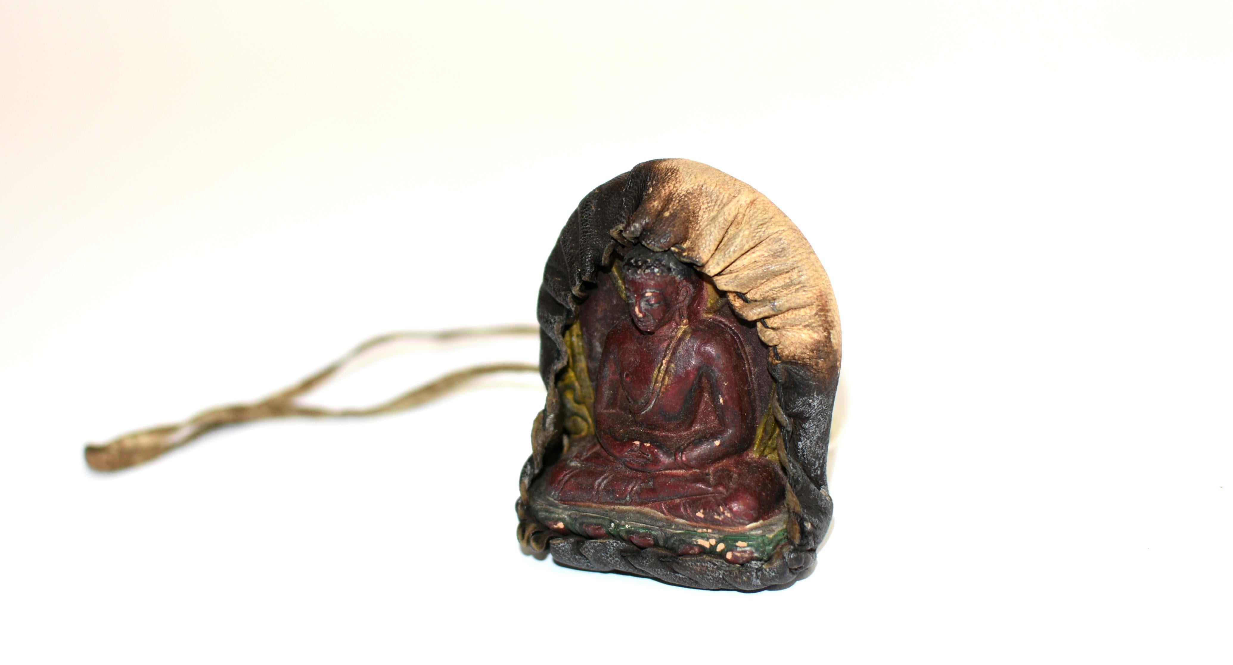 Antique Leather Tibetan Amulet with Meditative Buddha  4