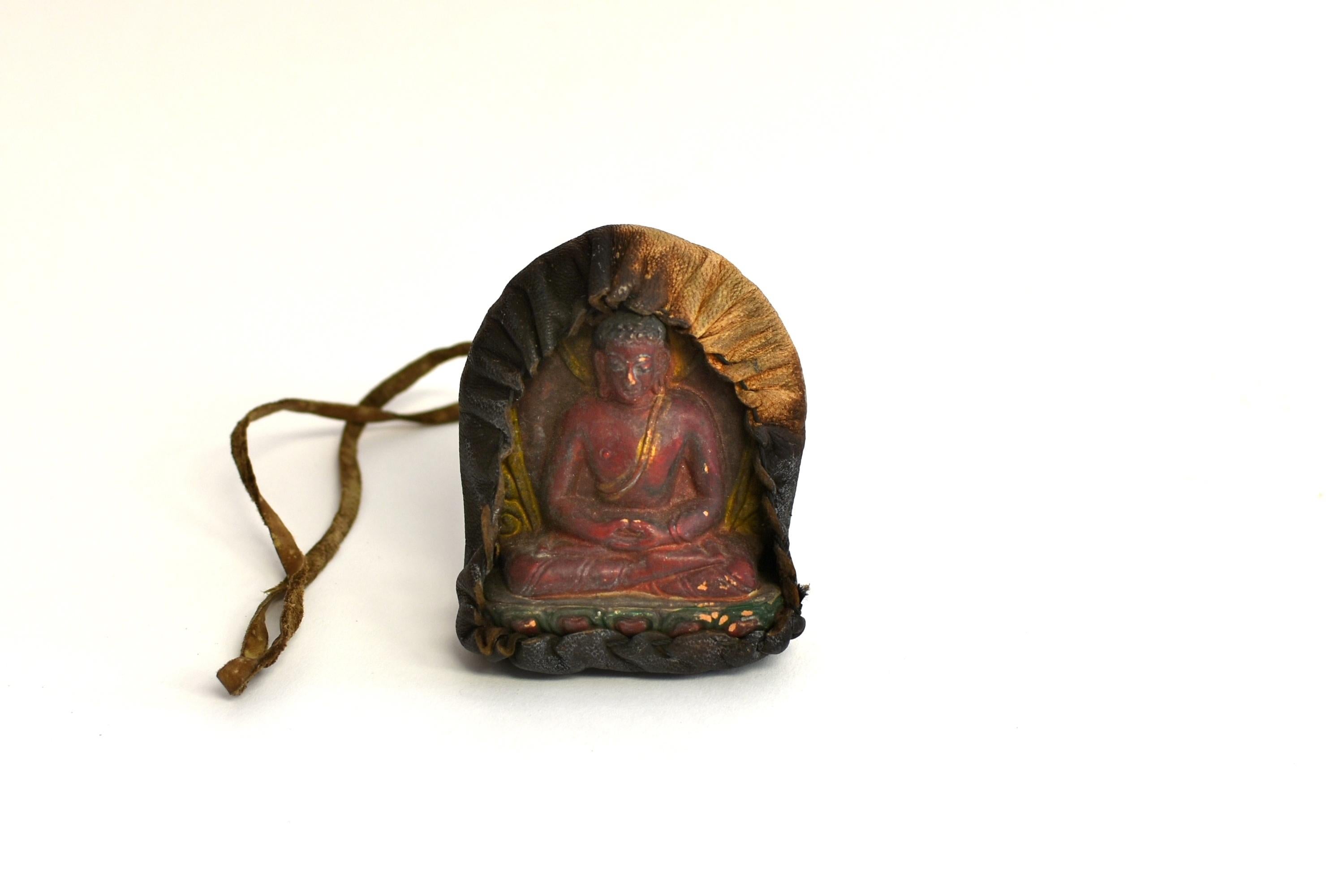 Hand-Carved Antique Leather Tibetan Amulet with Meditative Buddha 