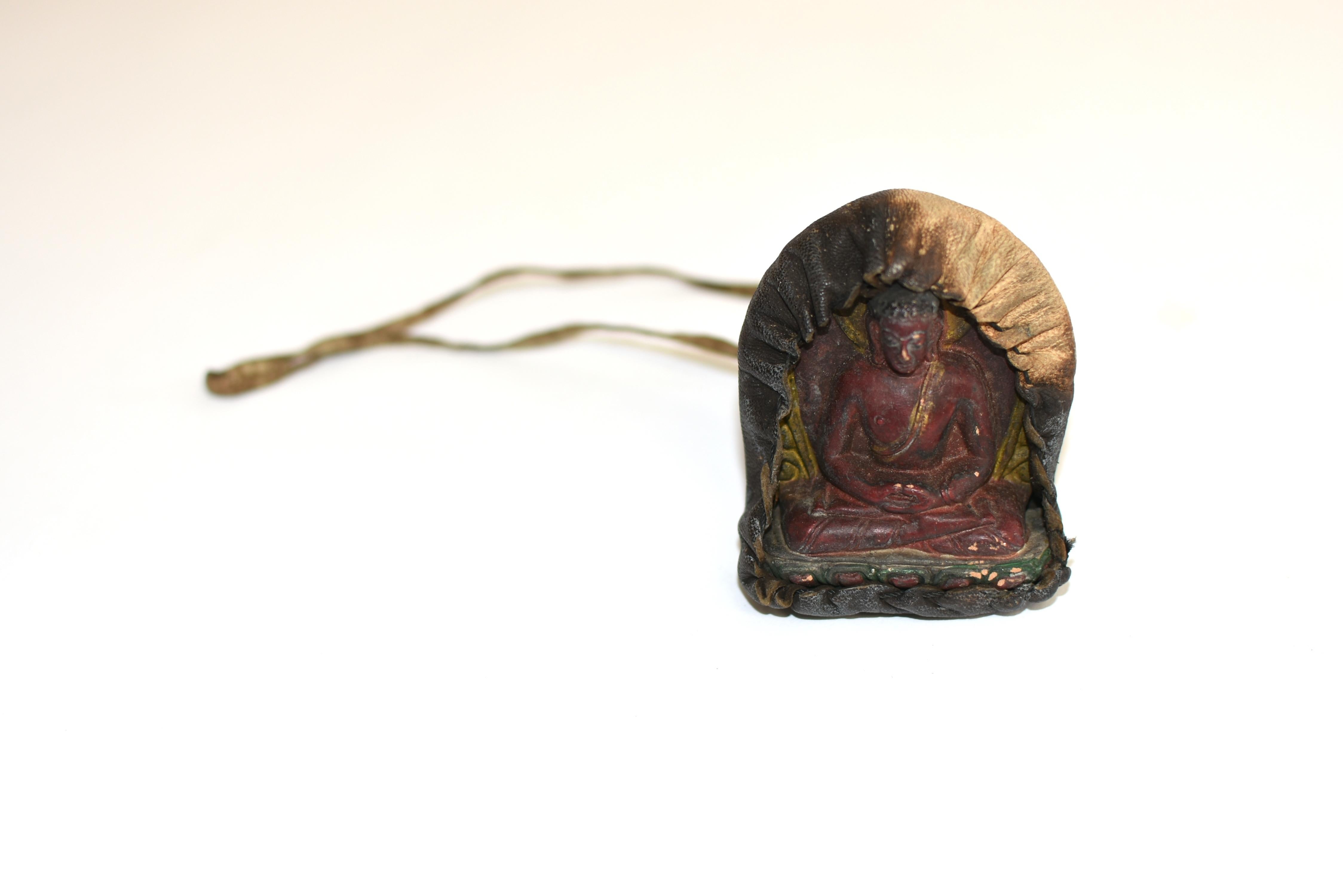 20th Century Antique Leather Tibetan Amulet with Meditative Buddha 