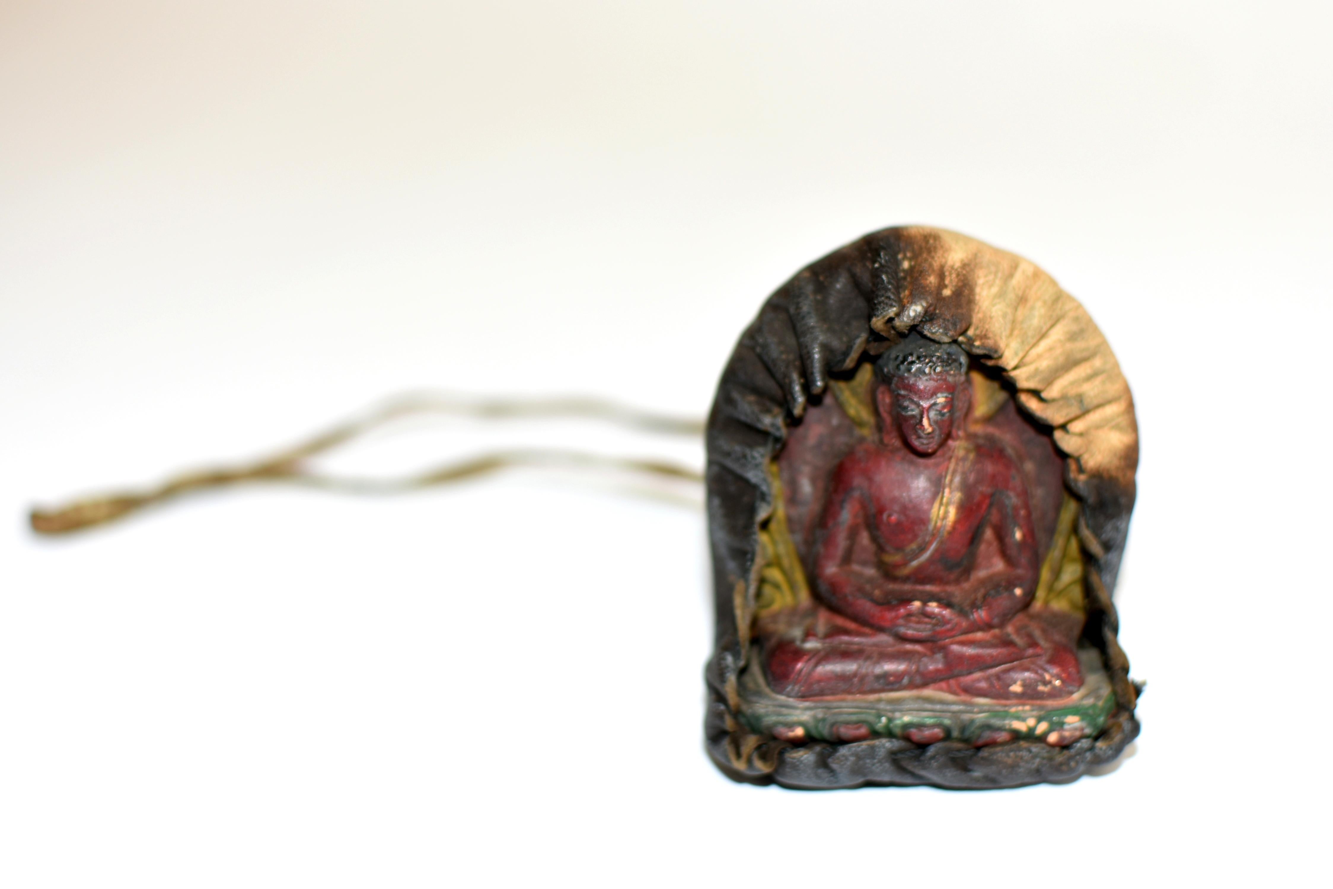 Terracotta Antique Leather Tibetan Amulet with Meditative Buddha 