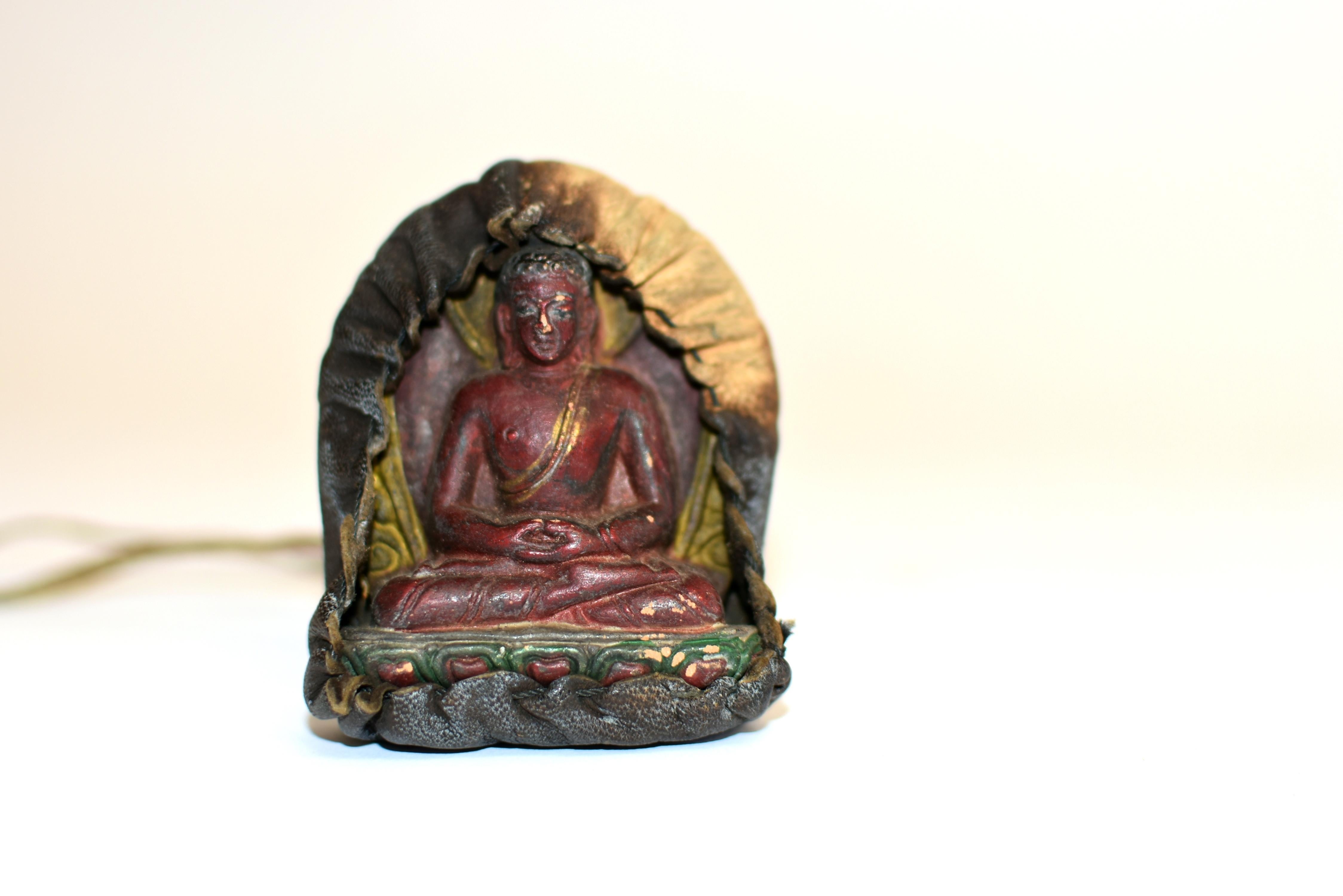 Antique Leather Tibetan Amulet with Meditative Buddha  1