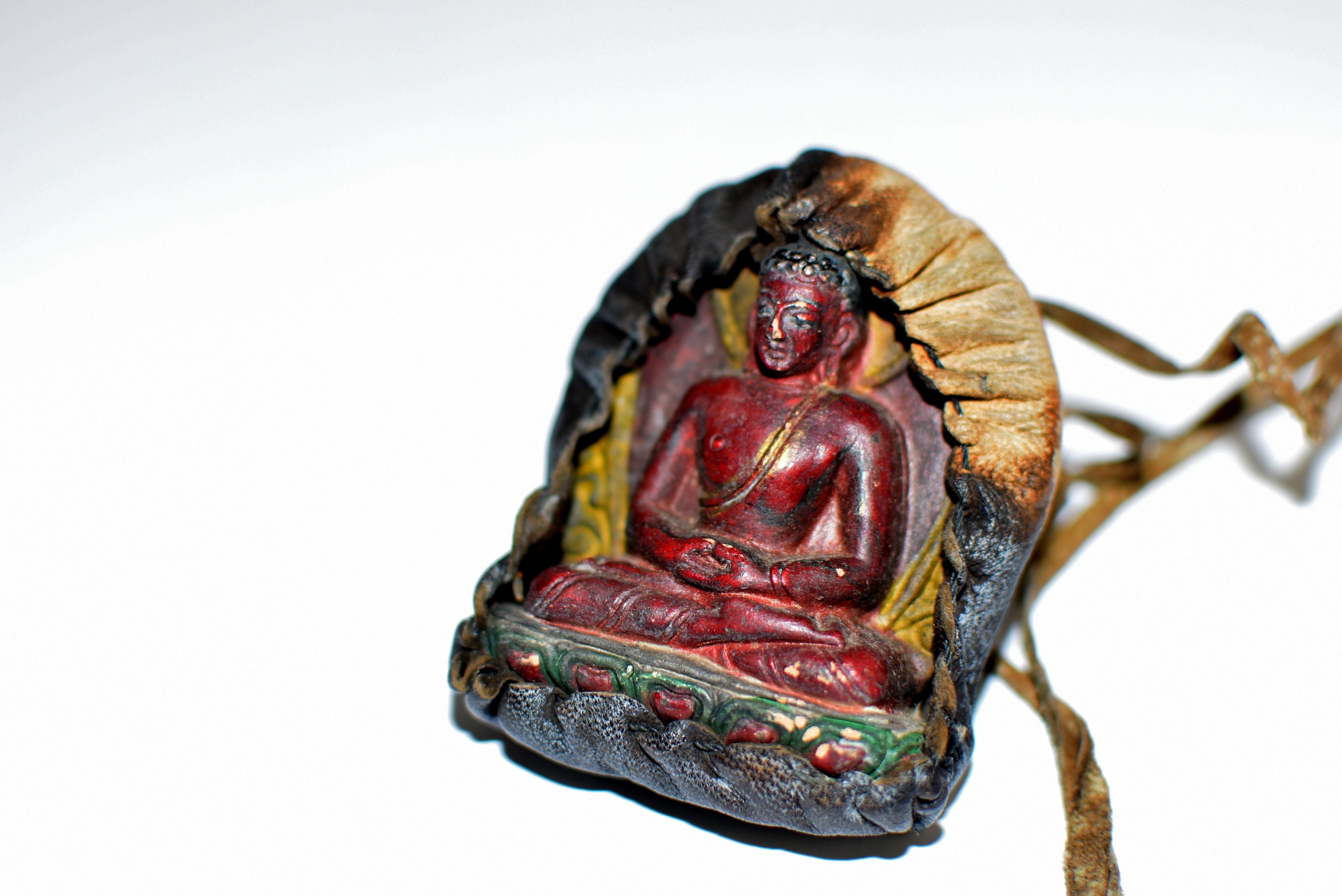 Antique Leather Tibetan Amulet with Meditative Buddha  2