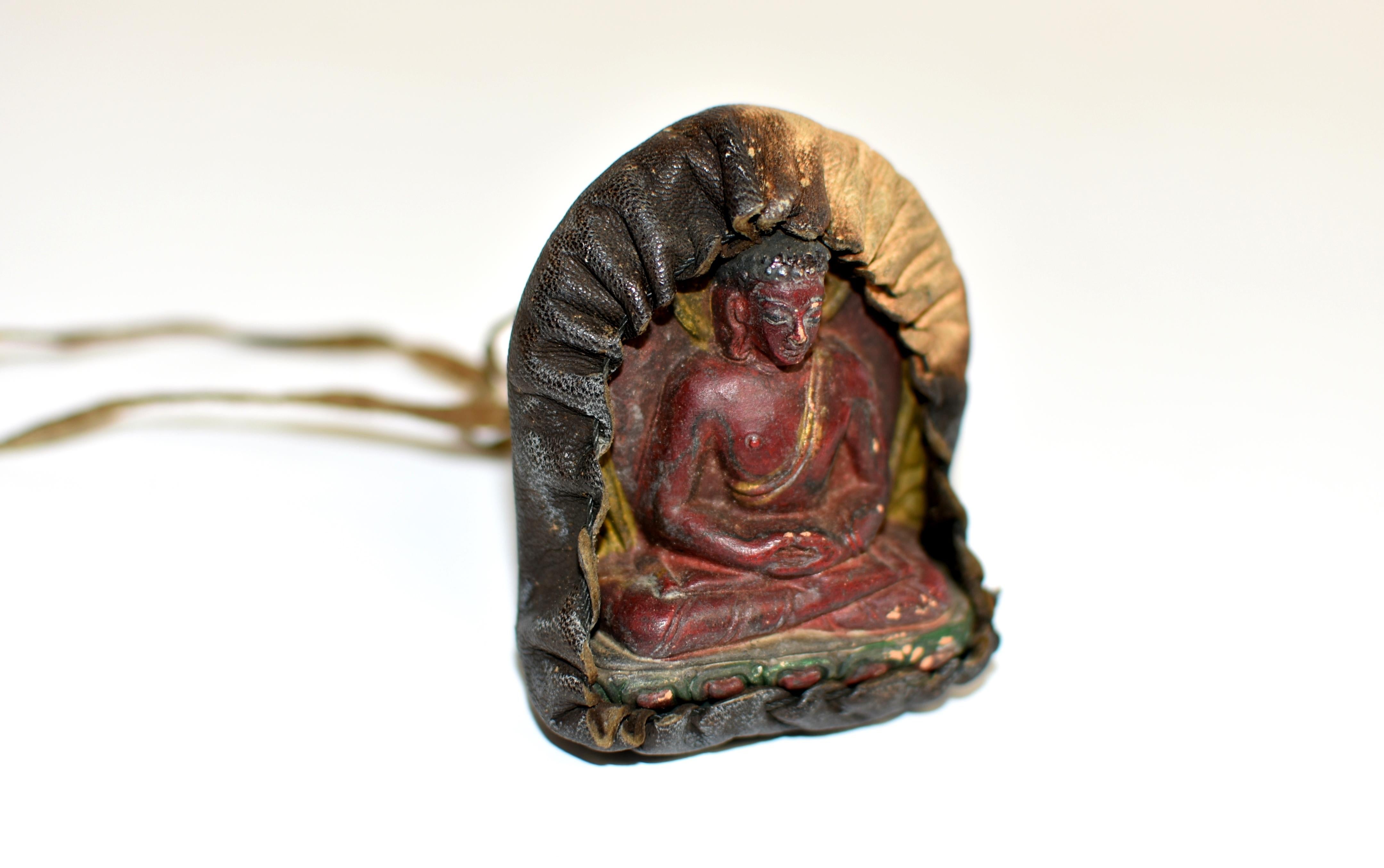 Antique Leather Tibetan Amulet with Meditative Buddha  3