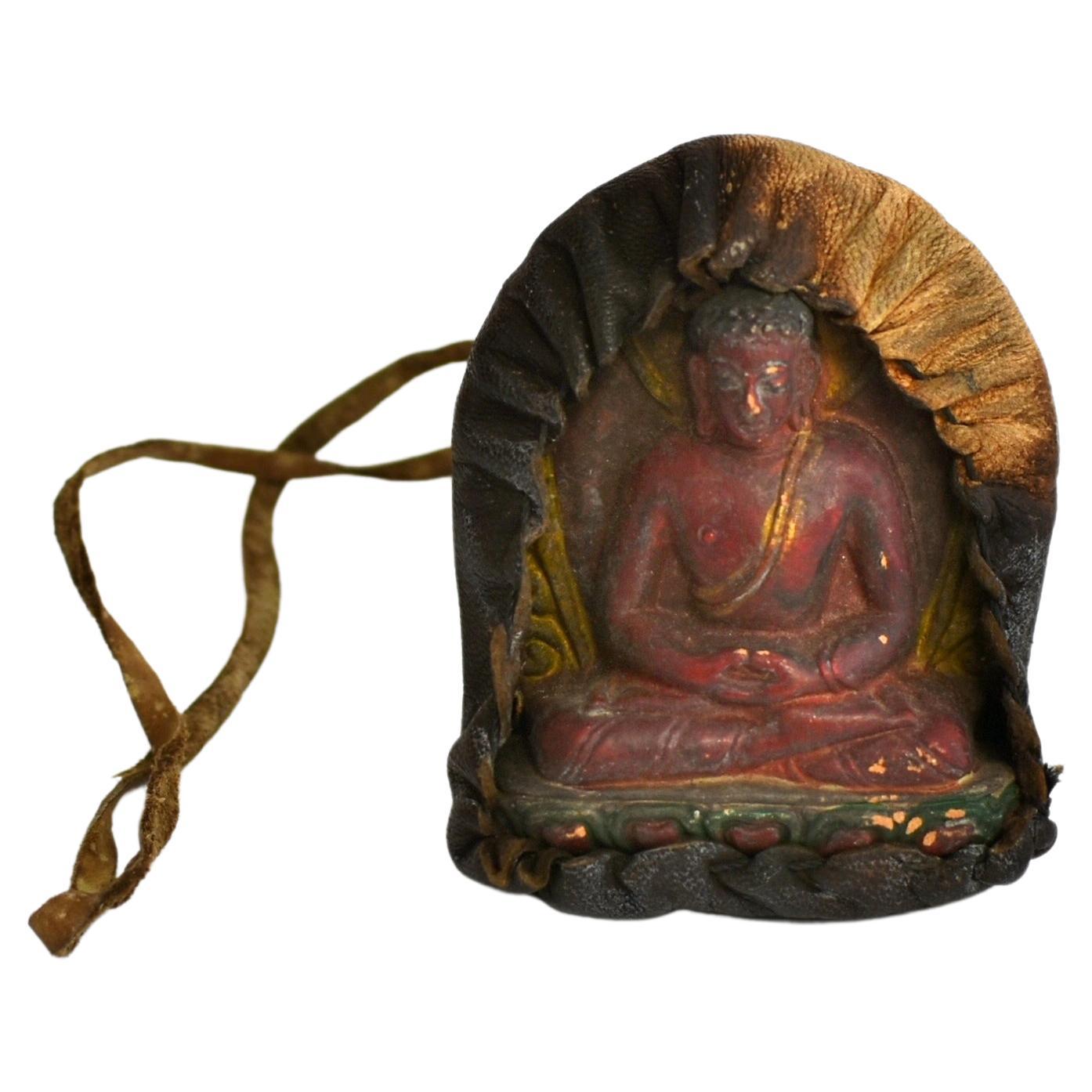 Antique Leather Tibetan Amulet with Meditative Buddha 