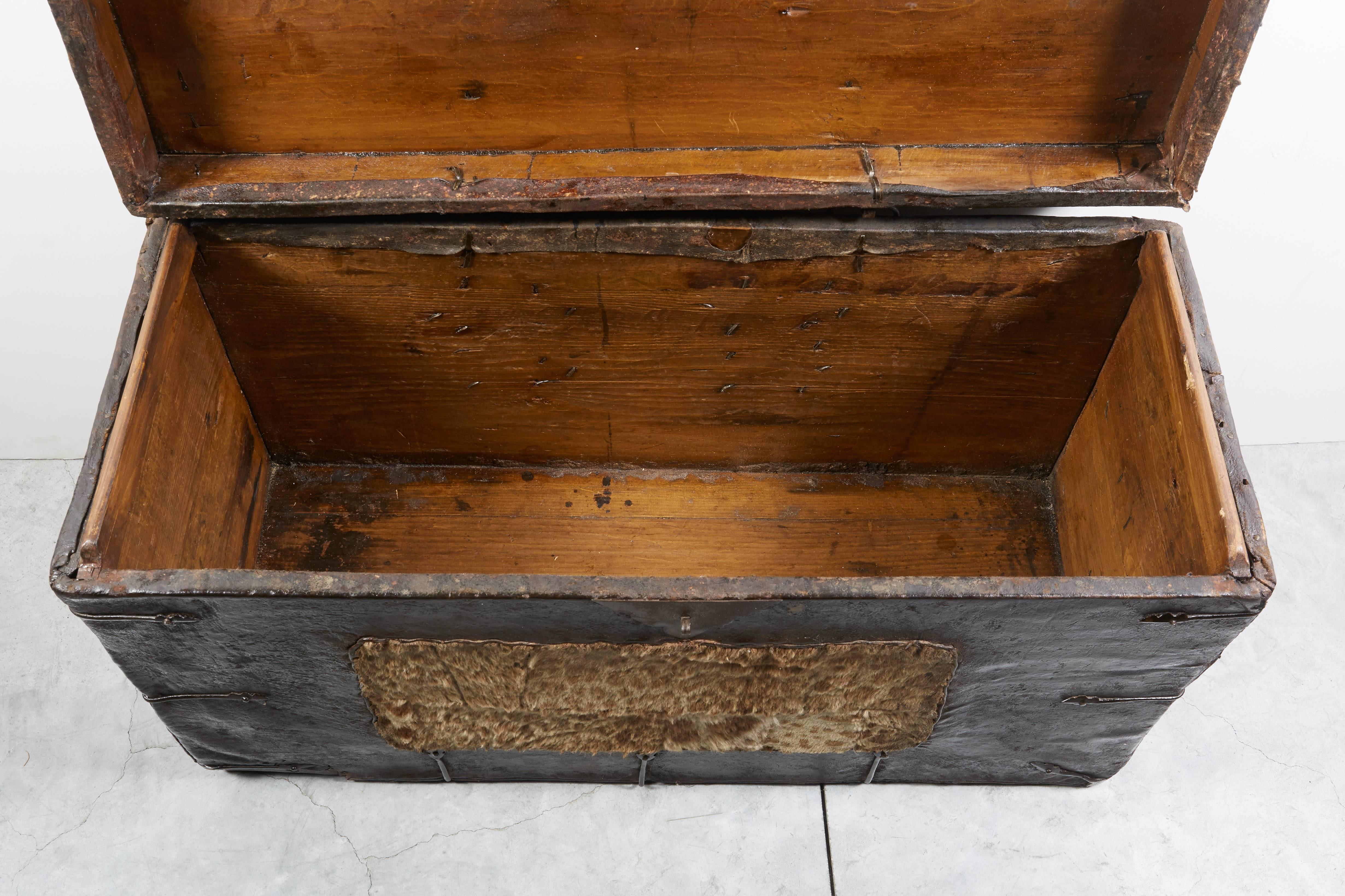 Coffre tibétain ancien avec décoration originale en fer et peau de tigre 5