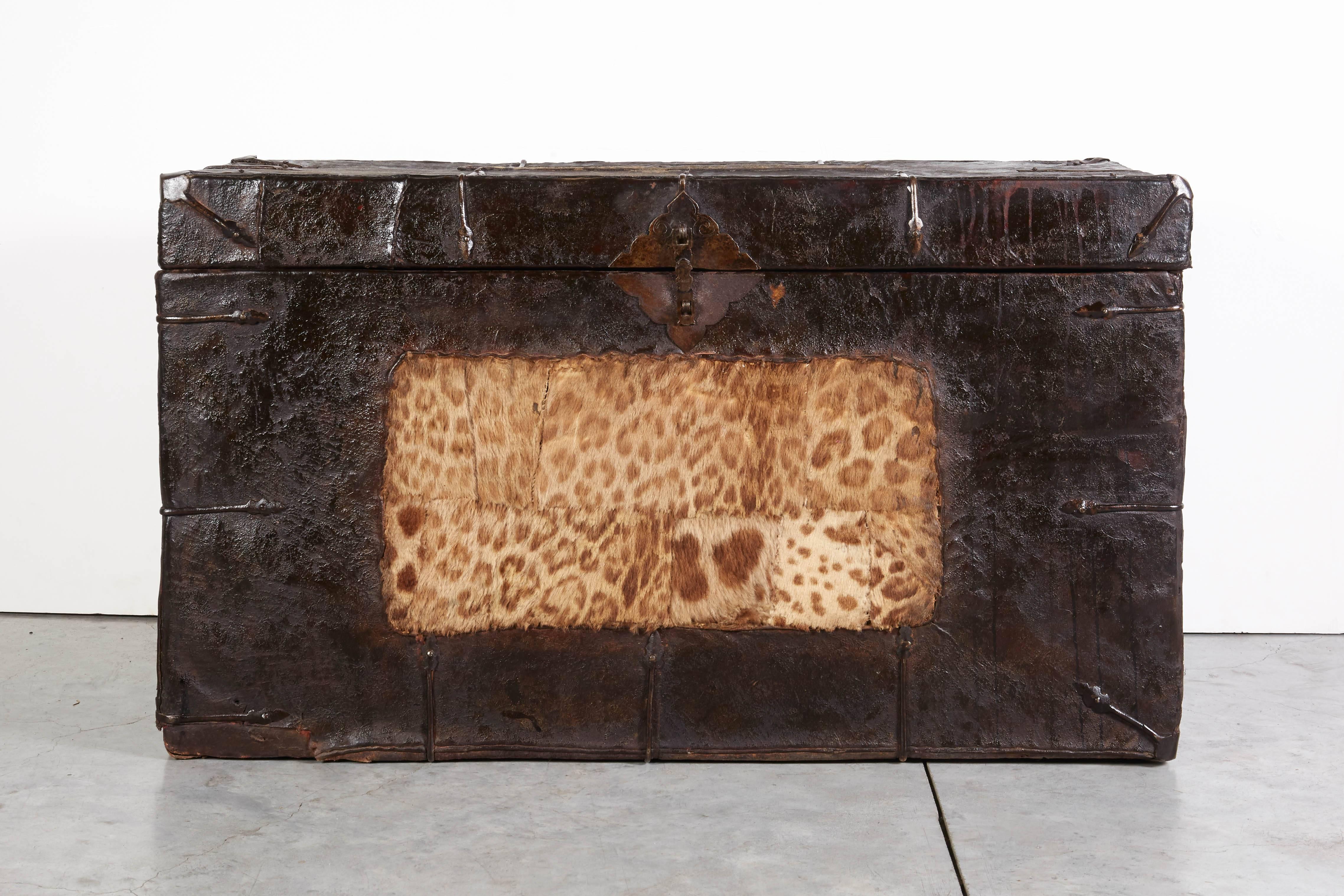 Tibétain Coffre tibétain ancien avec décoration originale en fer et peau de tigre