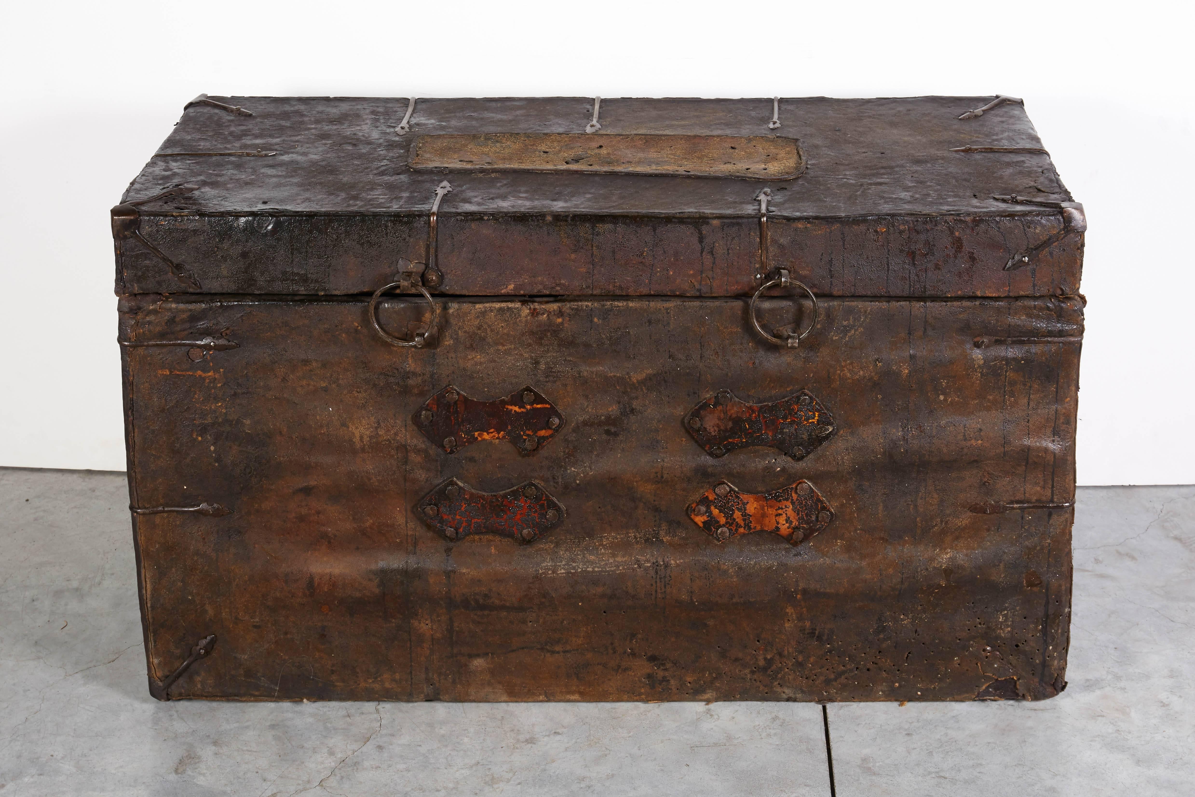Antique Leather Tibetan Trunk with Original Iron Decoration and Tiger Skin 5