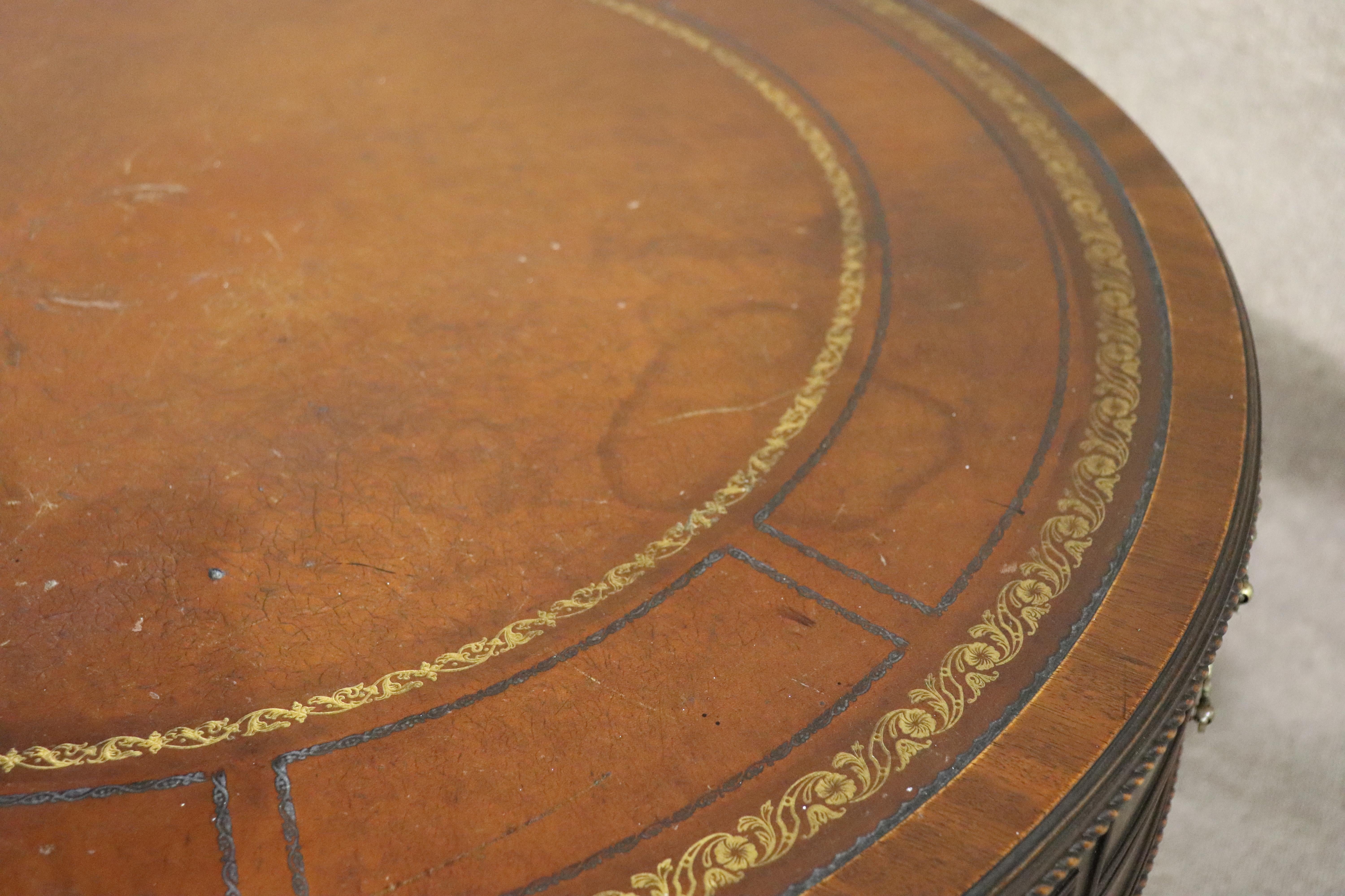 Antique Leather Top Drum Table For Sale 5