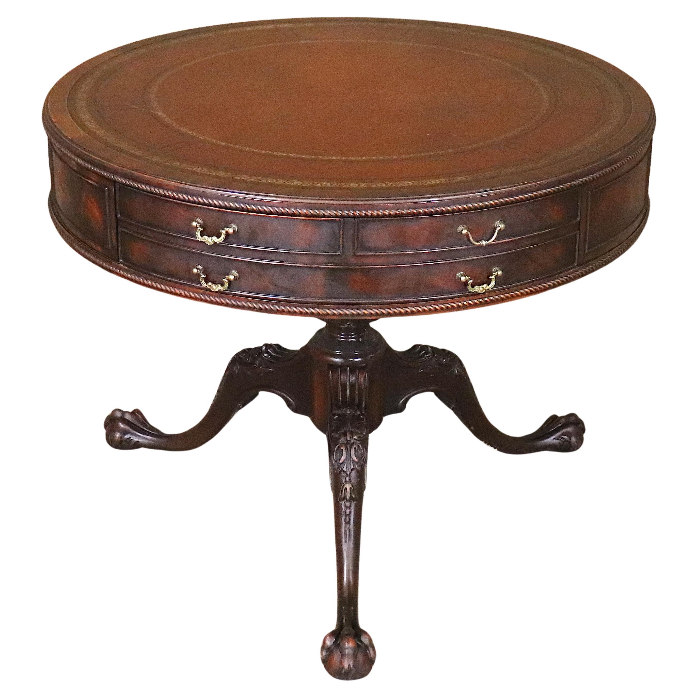 Antique Leather Top Drum Table For Sale