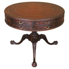 Table tambour antique avec dessus en cuir