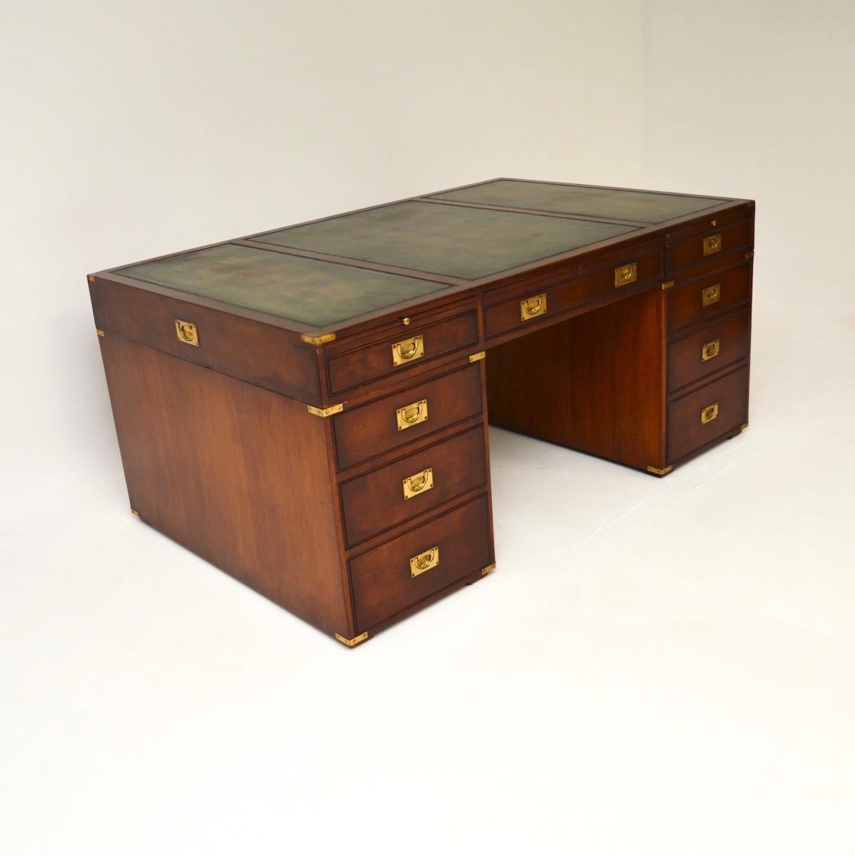 British Antique Leather Top Military Campaign Style Partners Desk For Sale