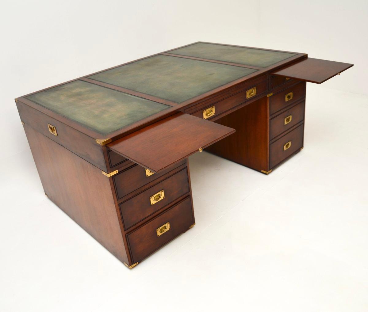 Mid-20th Century Antique Leather Top Military Campaign Style Partners Desk For Sale
