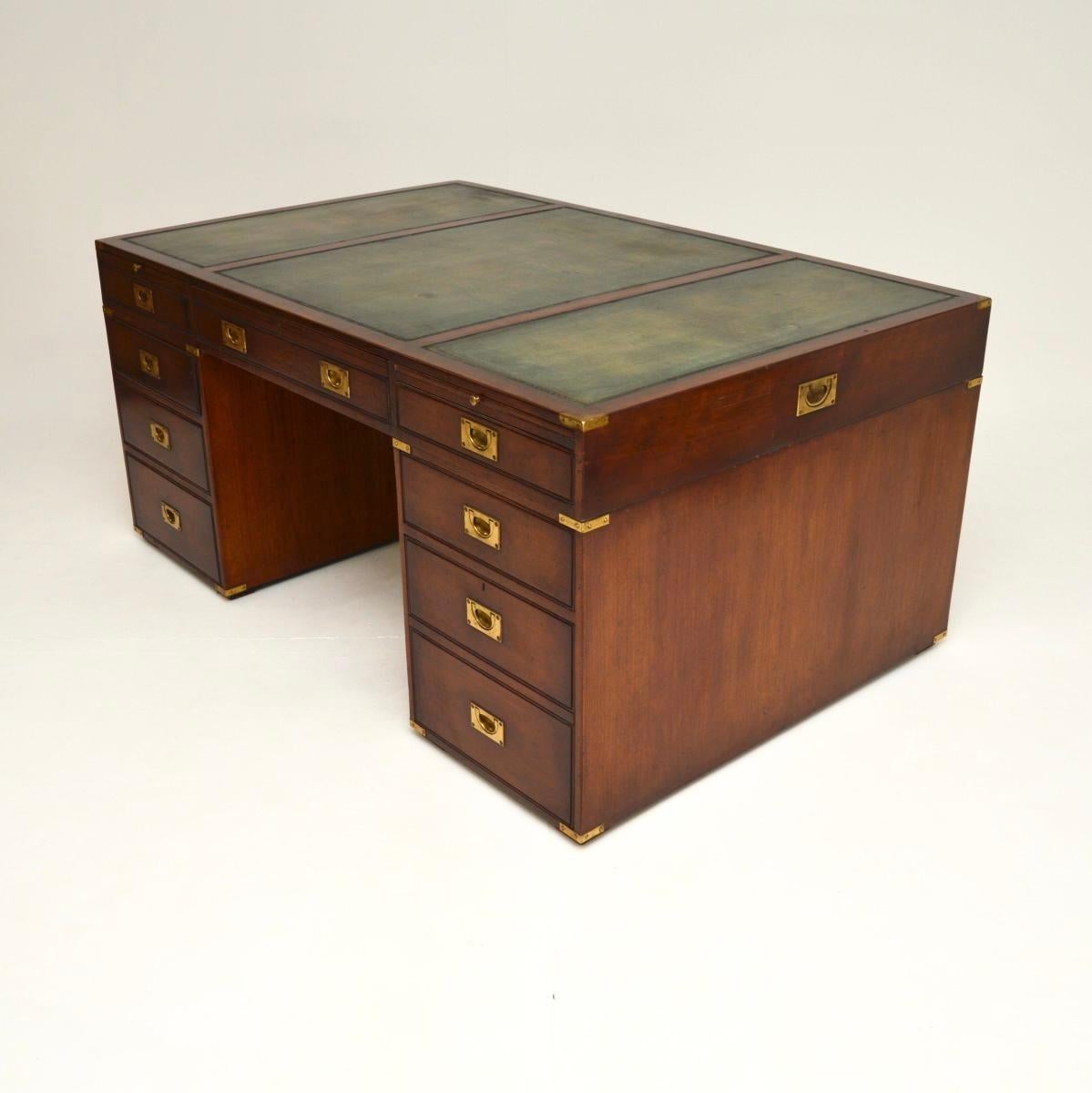 Brass Antique Leather Top Military Campaign Style Partners Desk For Sale