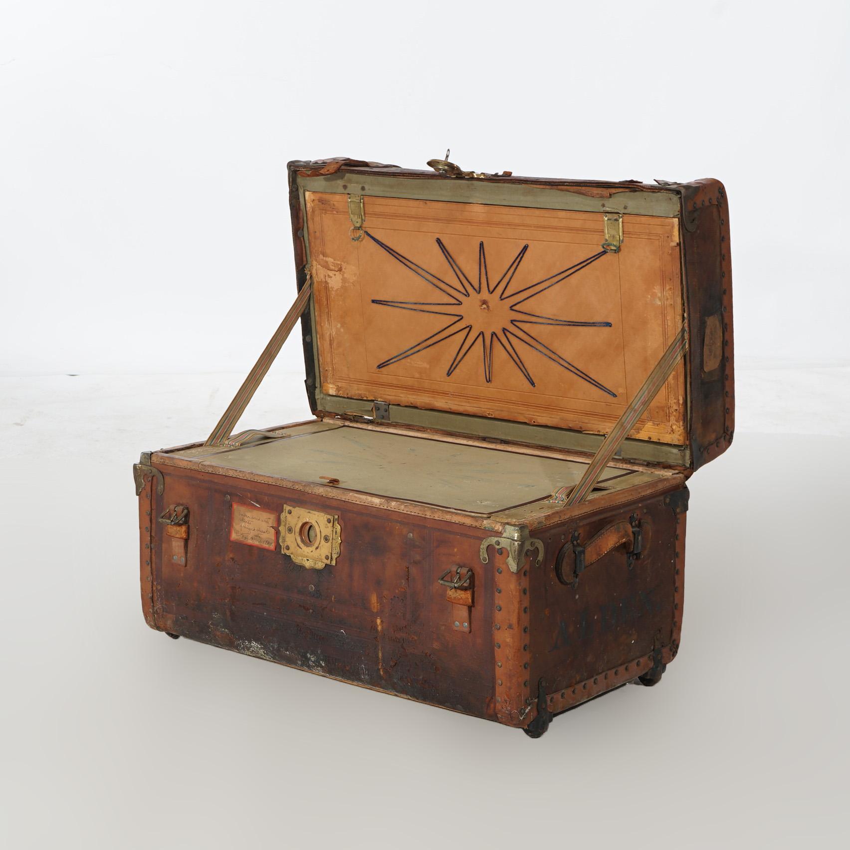 Antique Leather Travel Trunk 19th C For Sale 8