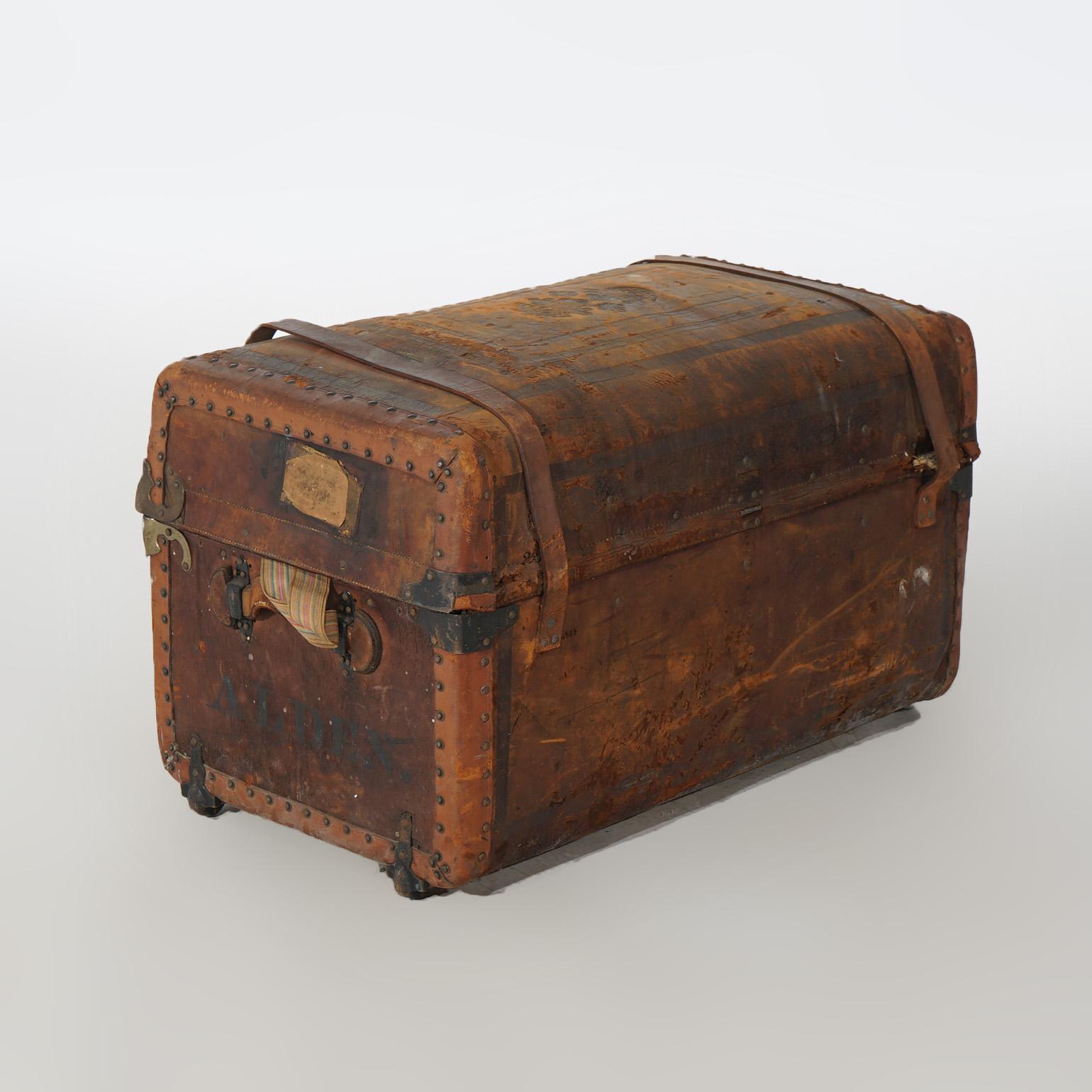 Antique Leather Travel Trunk 19th C For Sale 9