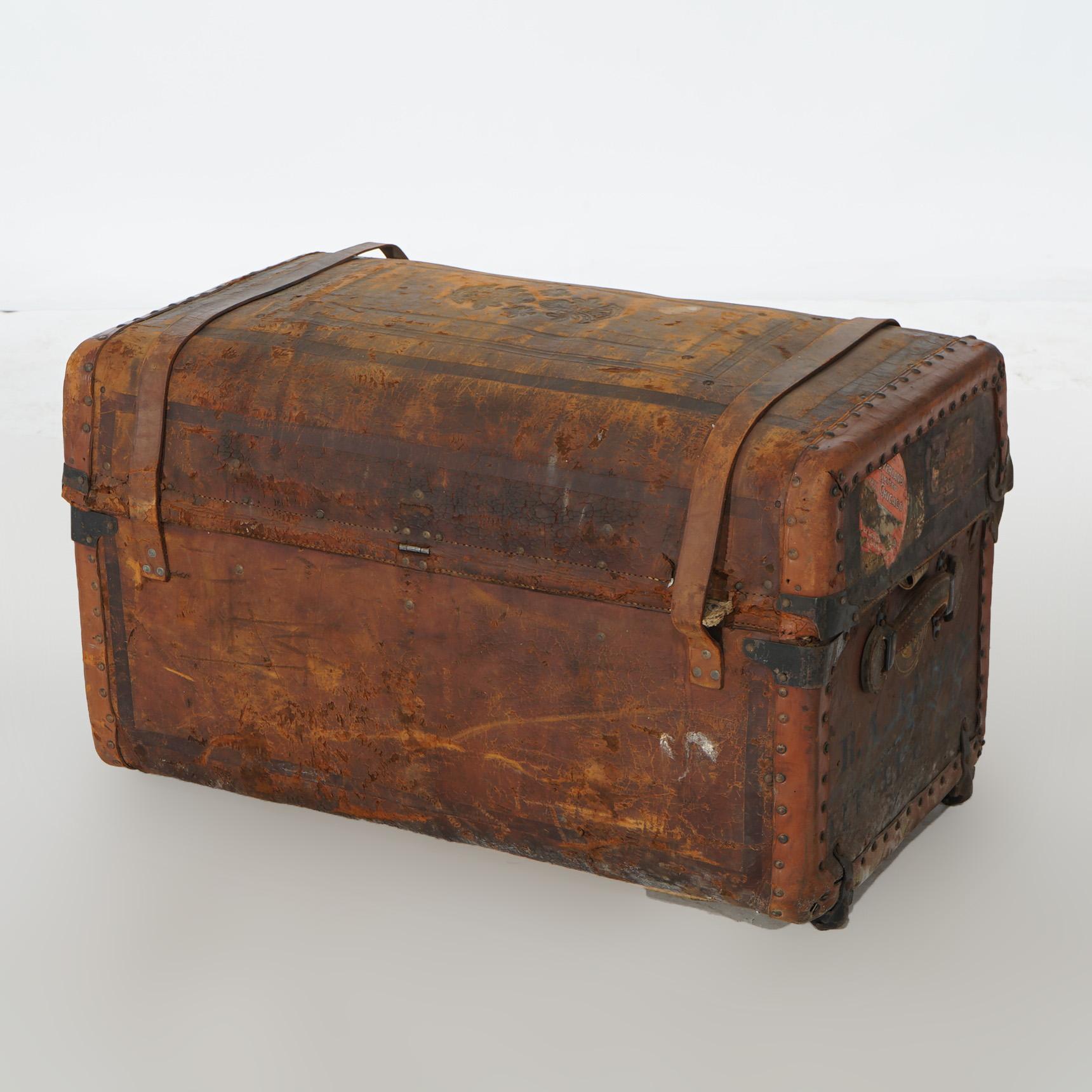 Antique Leather Travel Trunk 19th C For Sale 10