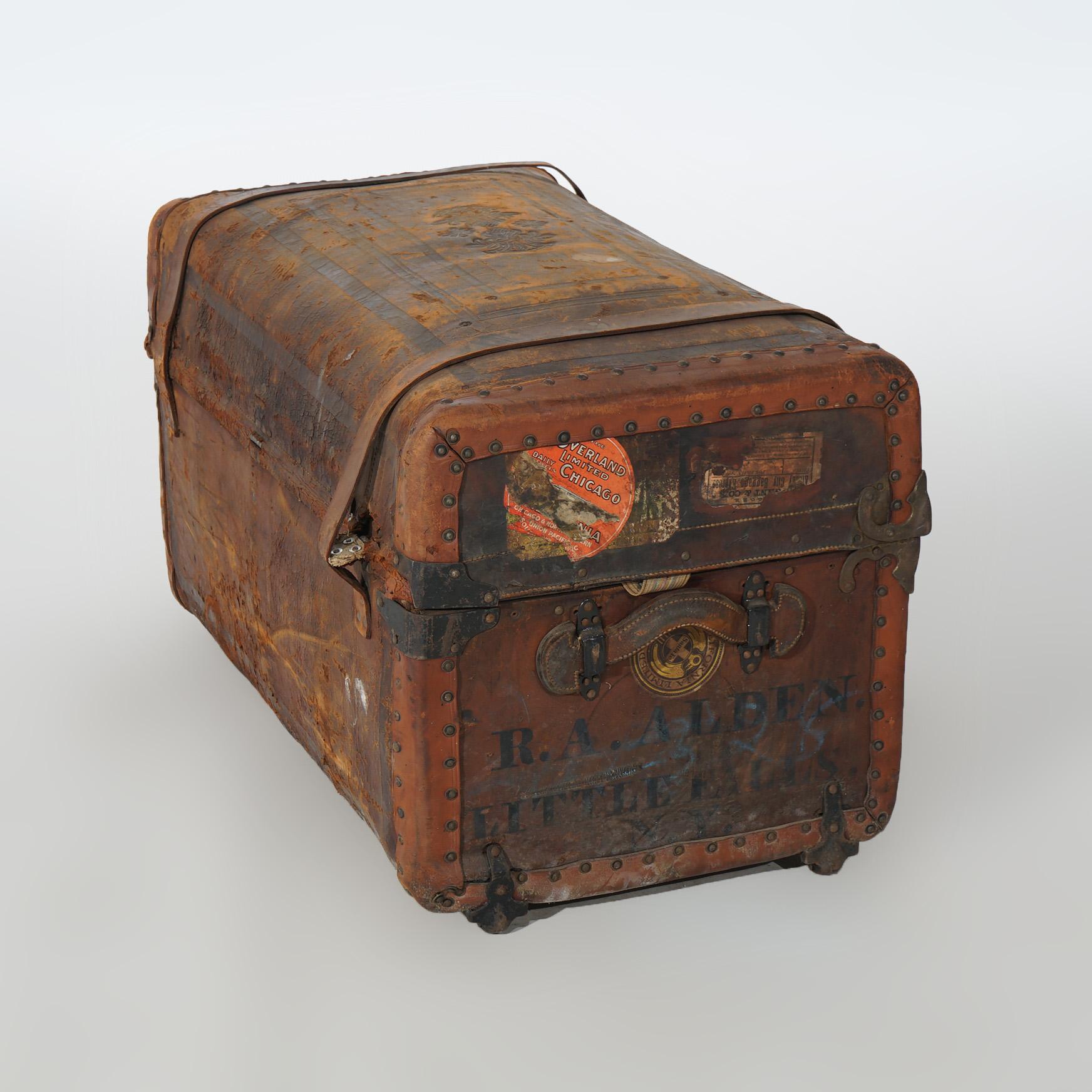 Antique Leather Travel Trunk 19th C For Sale 11