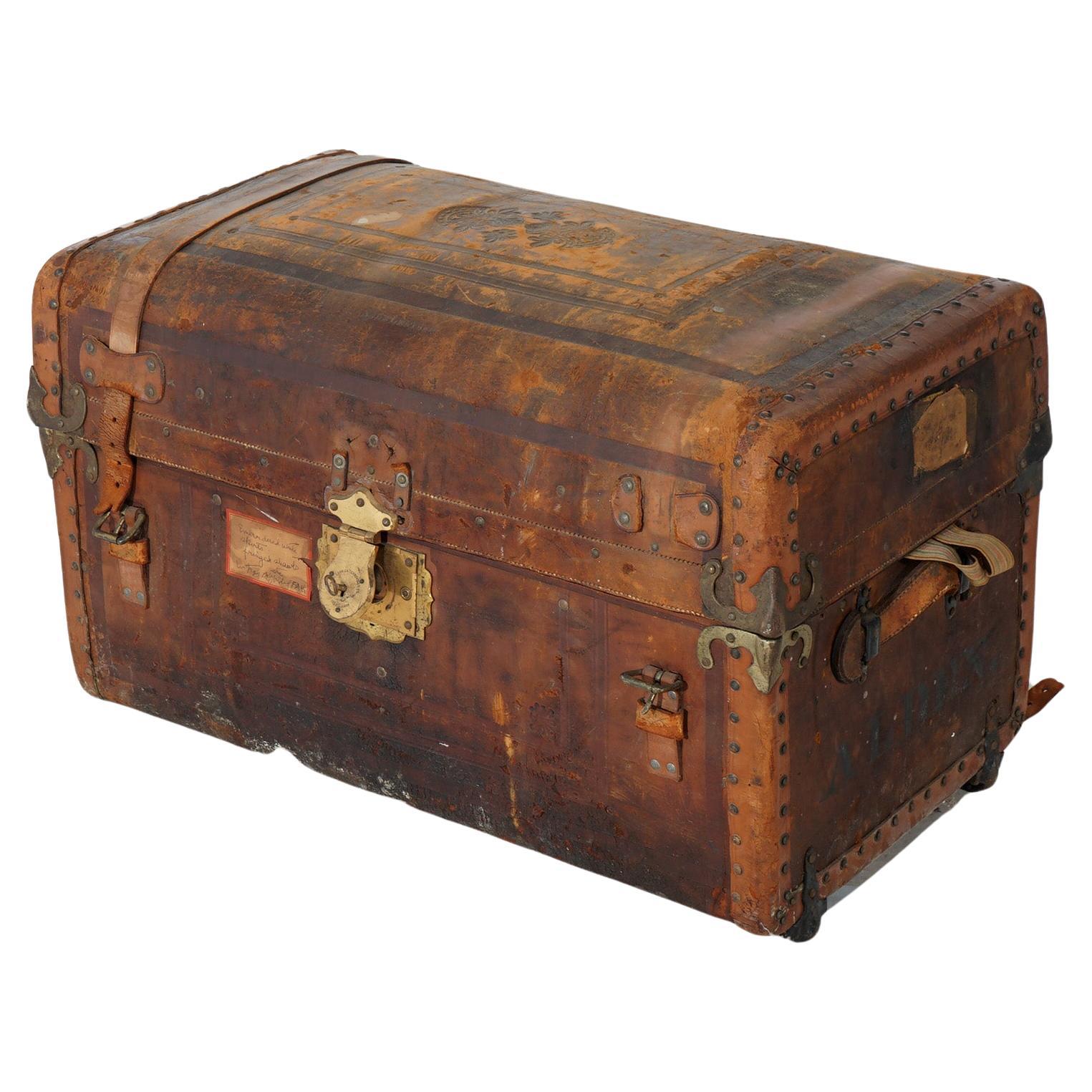 Antique Leather Travel Trunk 19th C For Sale