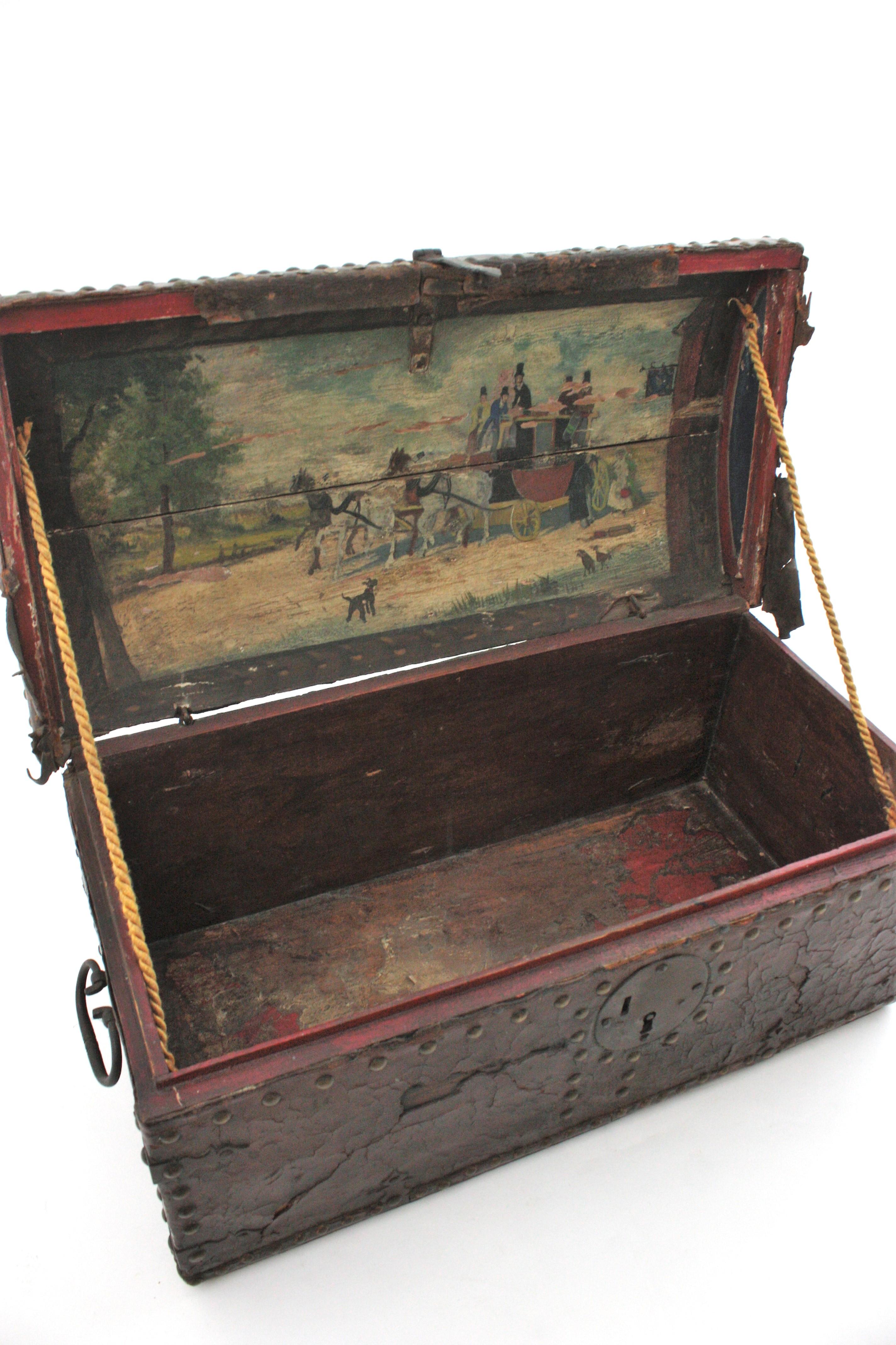 Antique Leather Traveling Trunk with Hand-Painted Carriage Scene For Sale 3