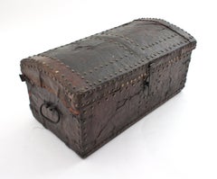 Antique Leather Traveling Trunk with Hand-Painted Carriage Scene