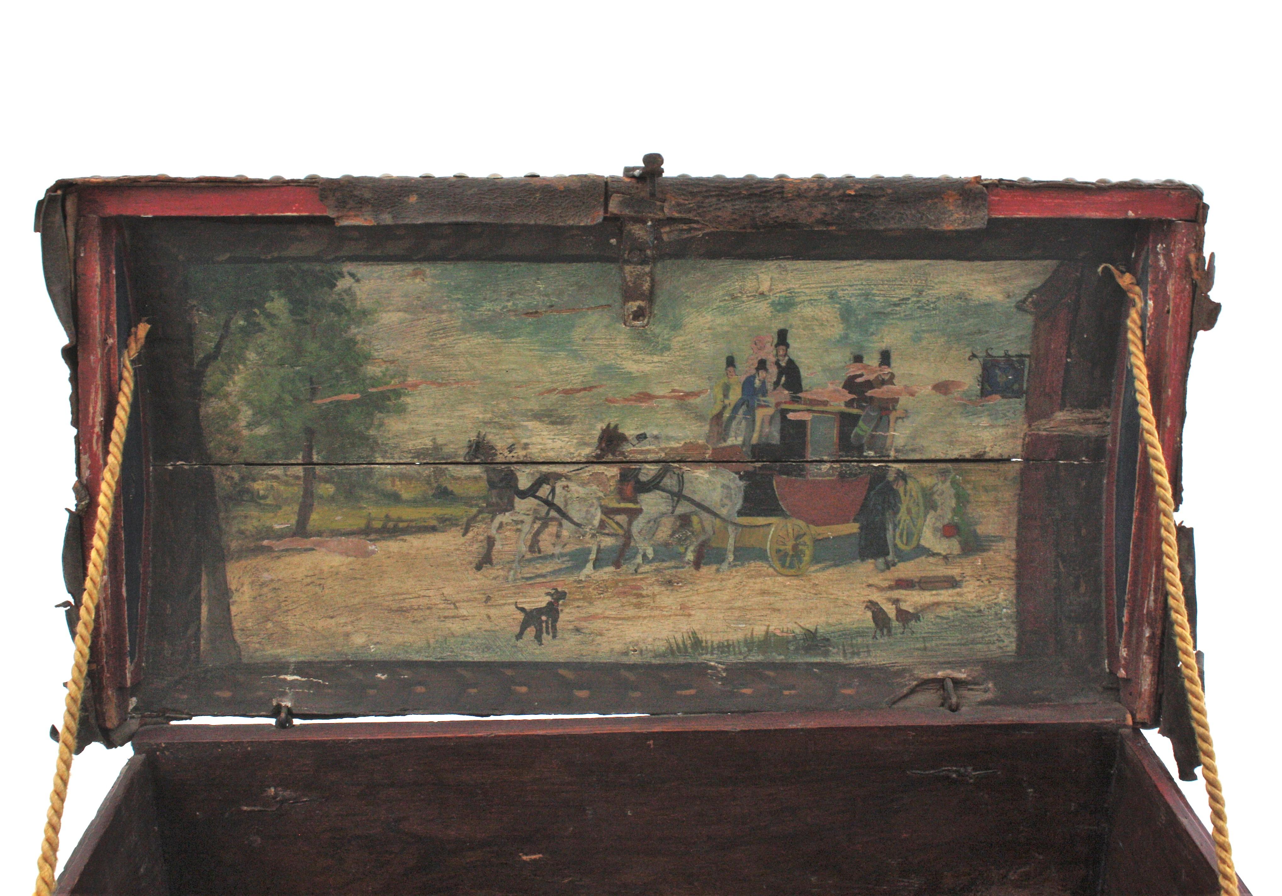 Gothic Revival Antique Leather Traveling Trunk with Hand-Painted Carriage Scene For Sale