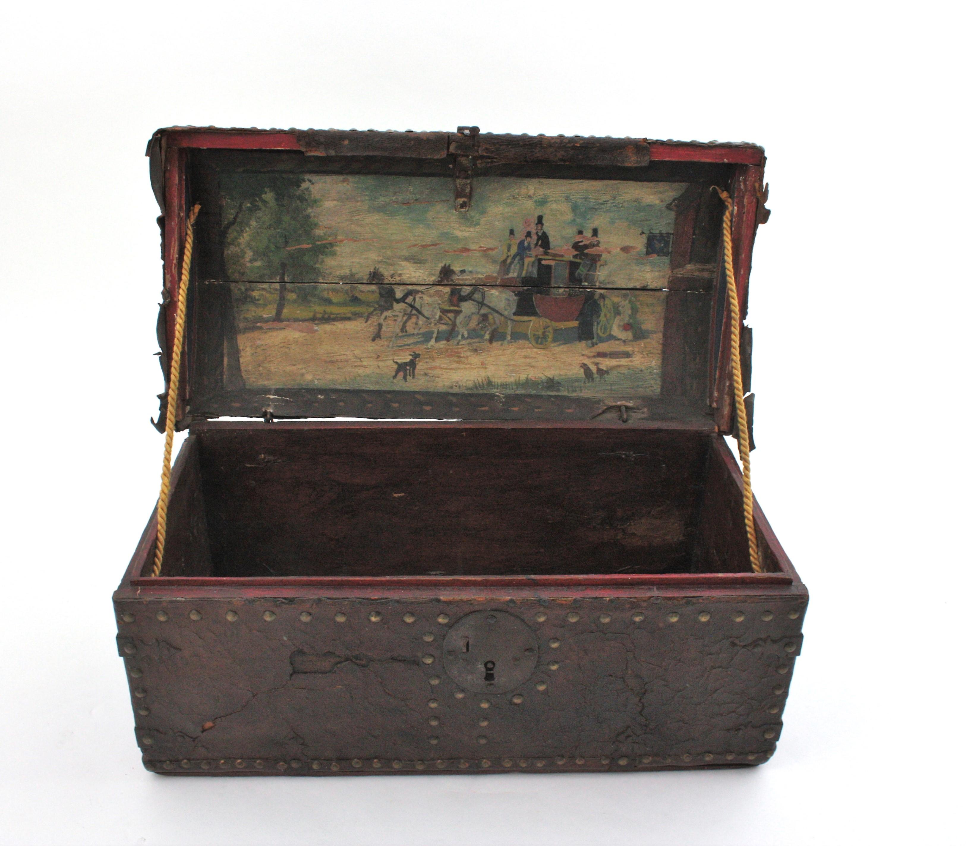 French Antique Leather Traveling Trunk with Hand-Painted Carriage Scene For Sale