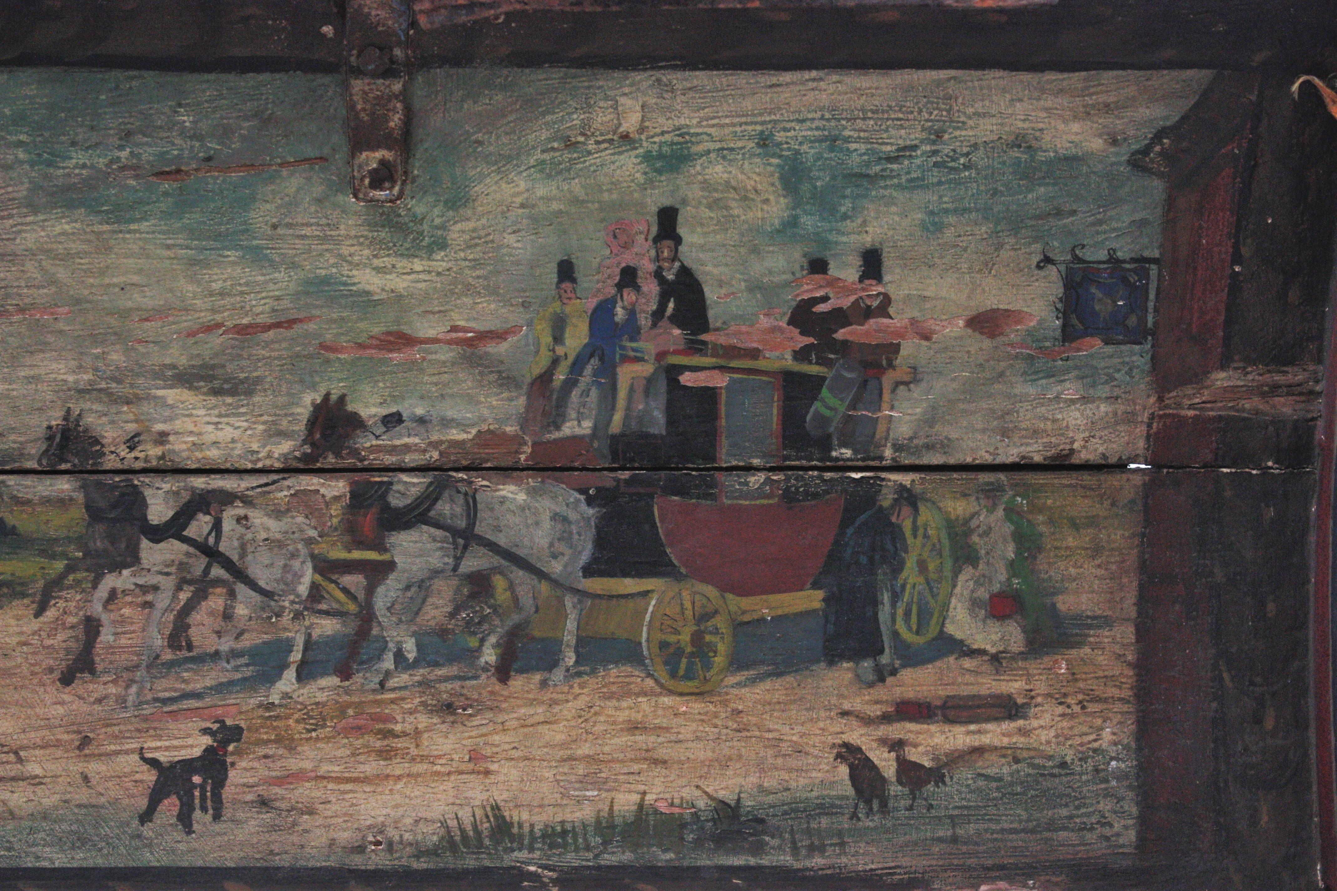 Antique Leather Traveling Trunk with Hand-Painted Carriage Scene In Fair Condition For Sale In Barcelona, ES