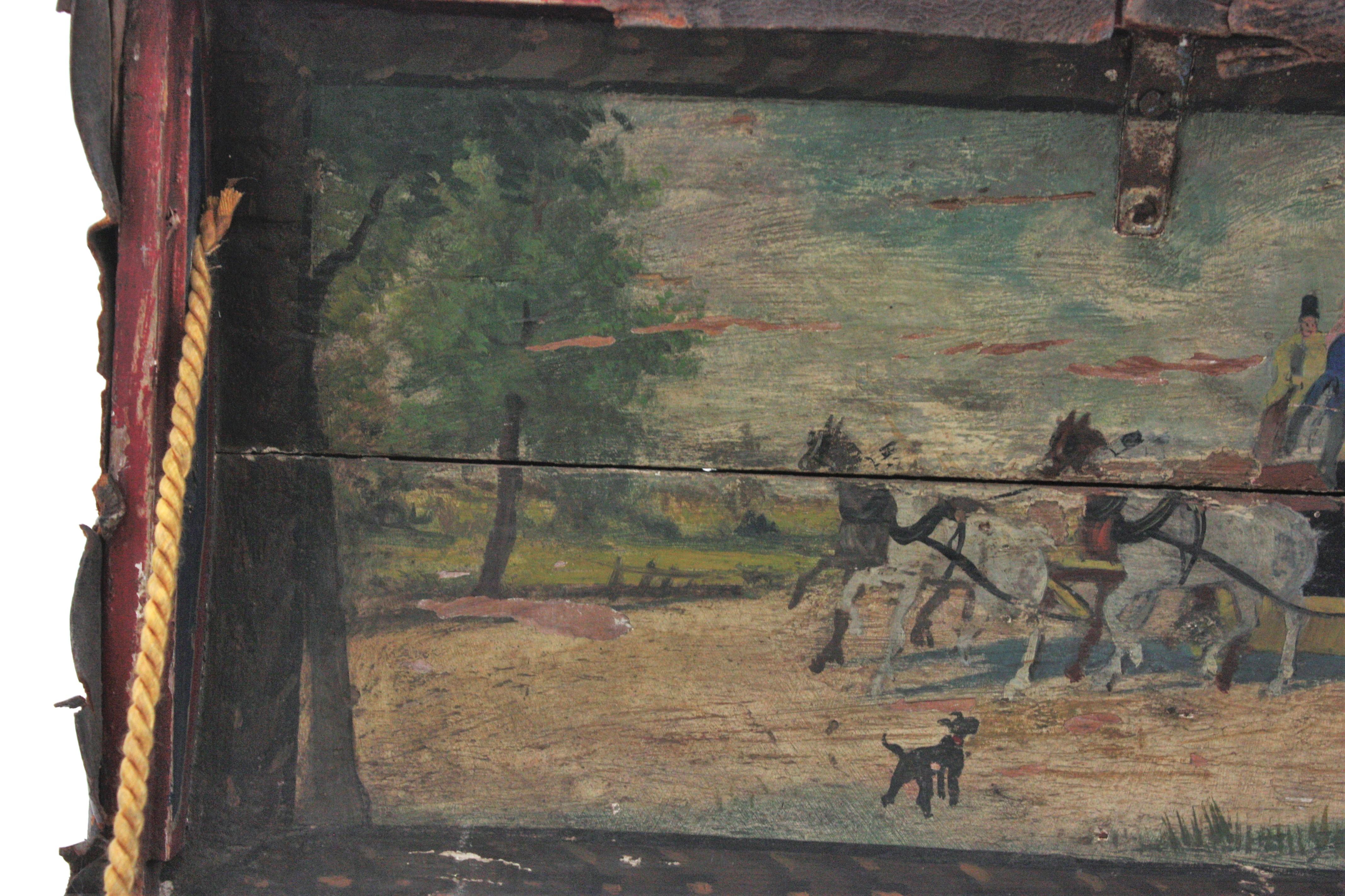20th Century Antique Leather Traveling Trunk with Hand-Painted Carriage Scene For Sale