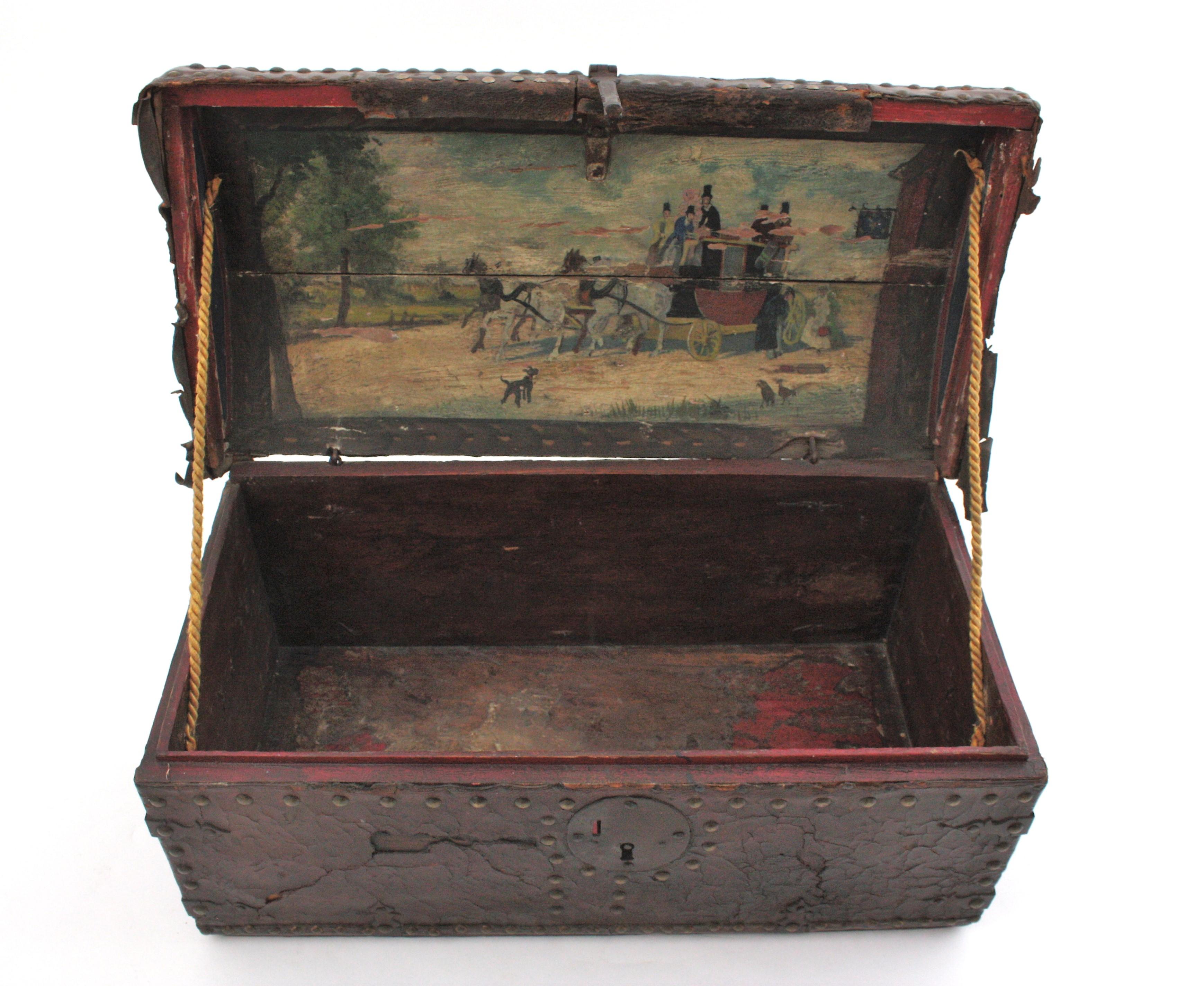 Brass Antique Leather Traveling Trunk with Hand-Painted Carriage Scene For Sale