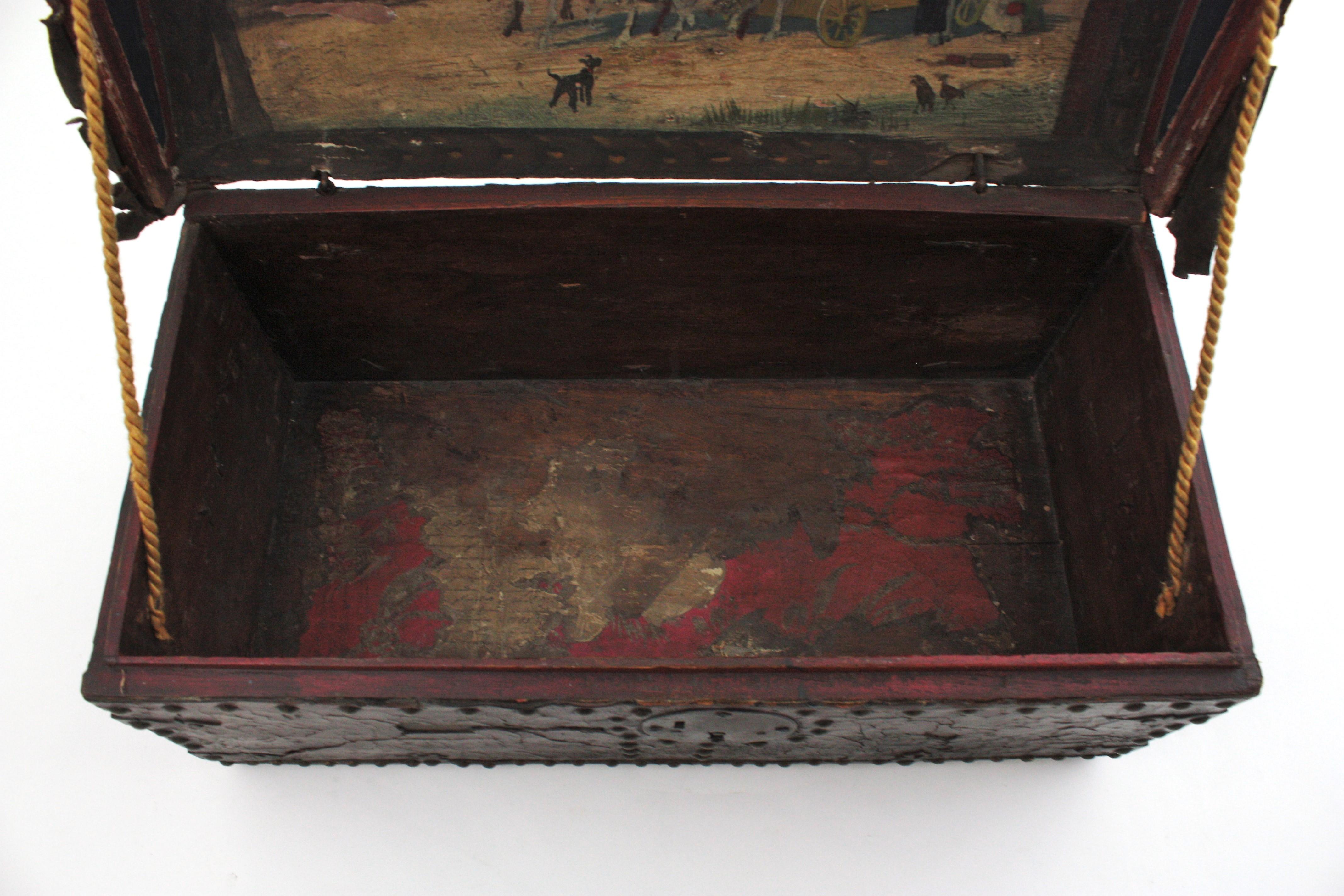 Antique Leather Traveling Trunk with Hand-Painted Carriage Scene For Sale 2