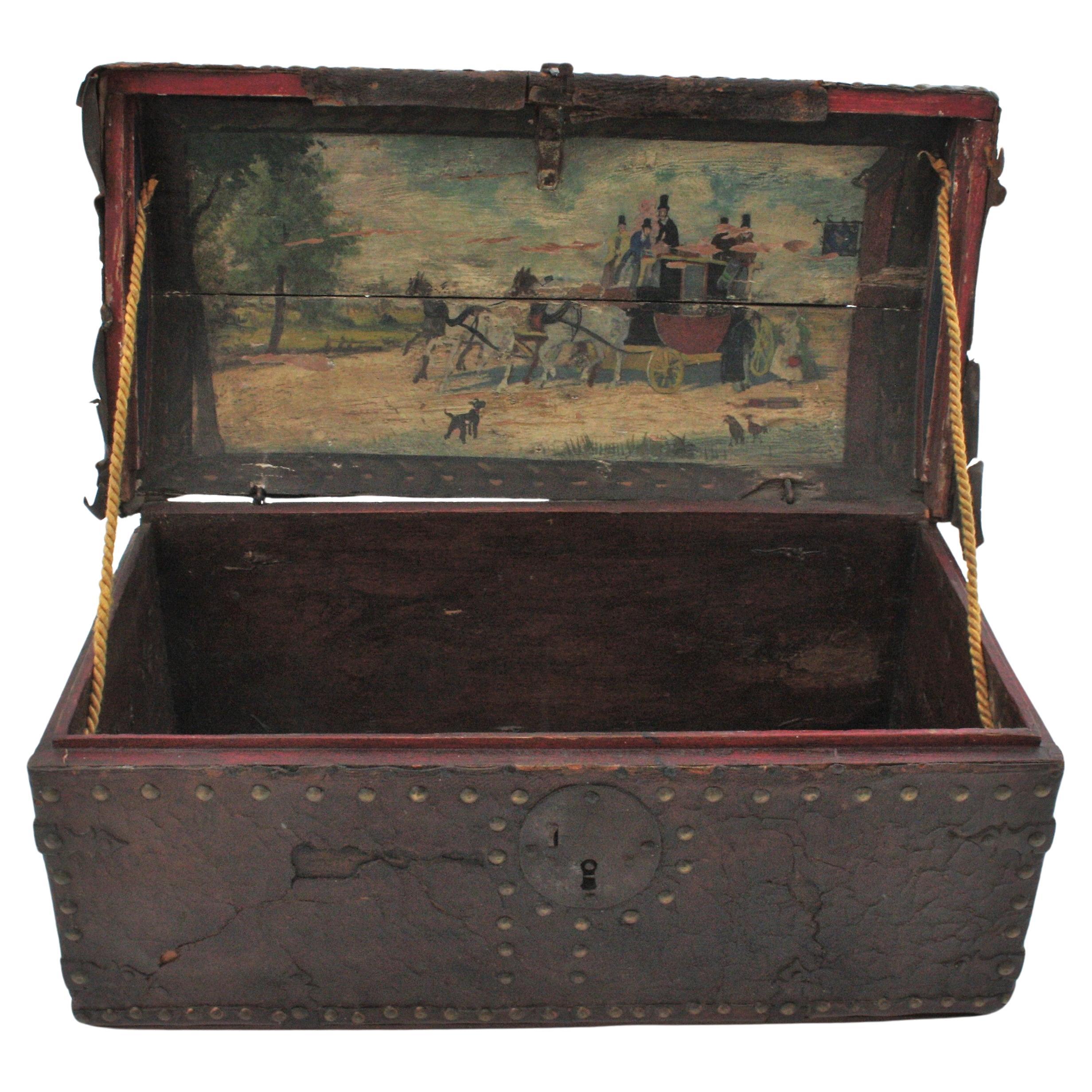 Antique Leather Traveling Trunk with Hand-Painted Carriage Scene