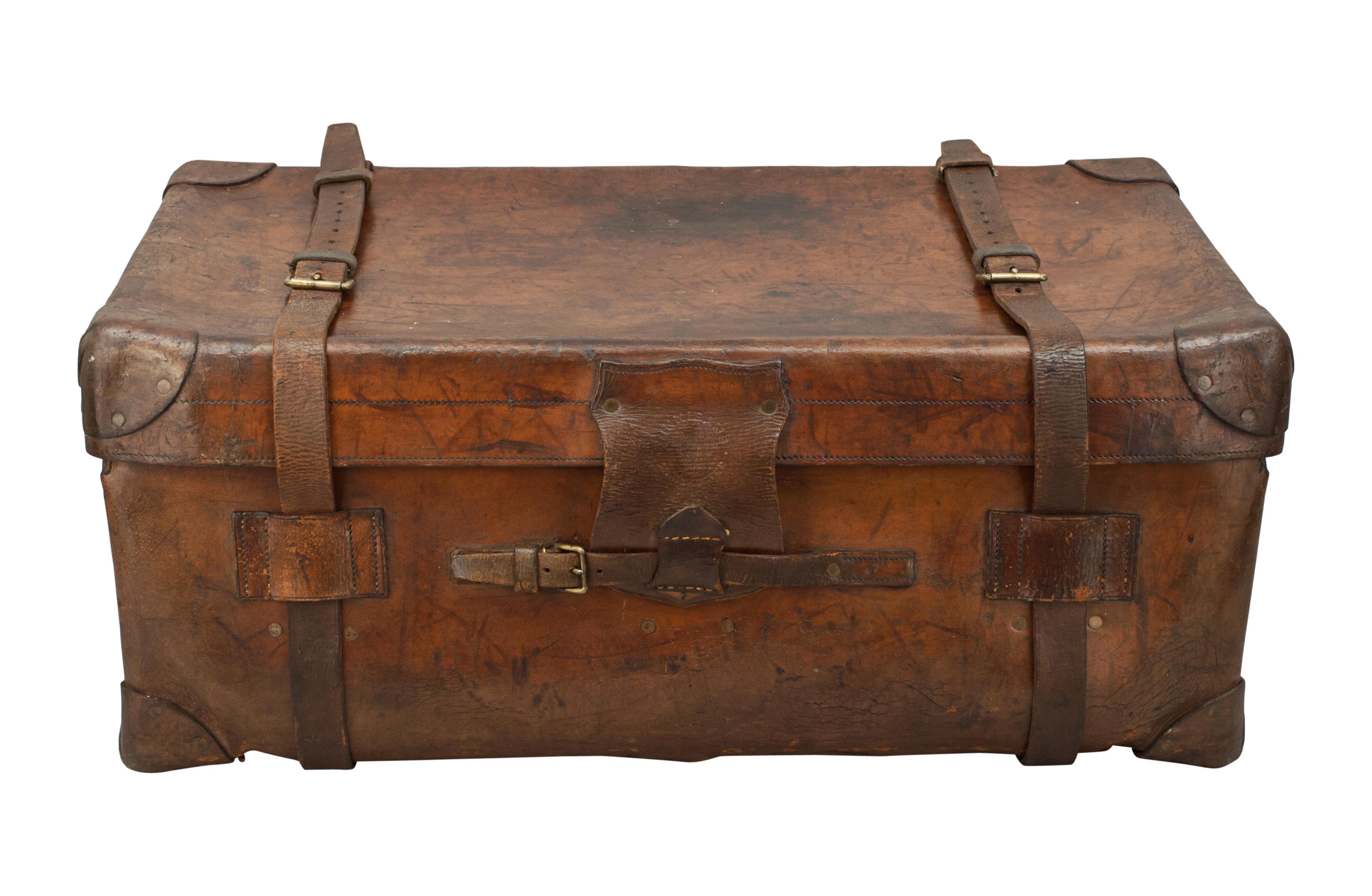 Vintage Finnigans leather Traveller's trunk.
A good solid leather trunk by Finnigans, Manchester & London. The trunk interior is original, lid having Finnigans label 'Finnigans Ltd. Makers, London, Manchester and Liverpool, 18 New Bond St.'. The