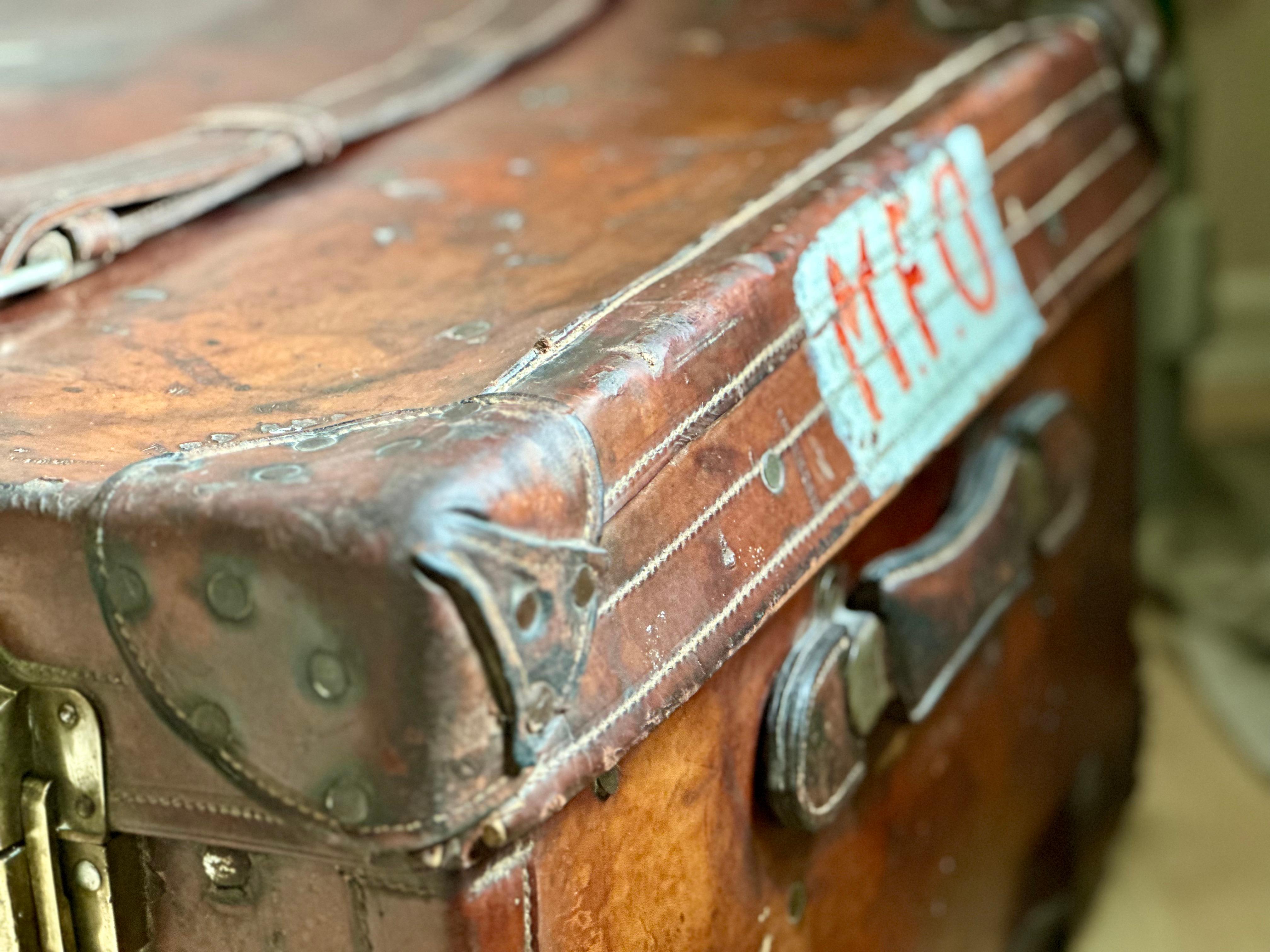 Edwardian Antique Leather Trunk from England with captivating Patina For Sale