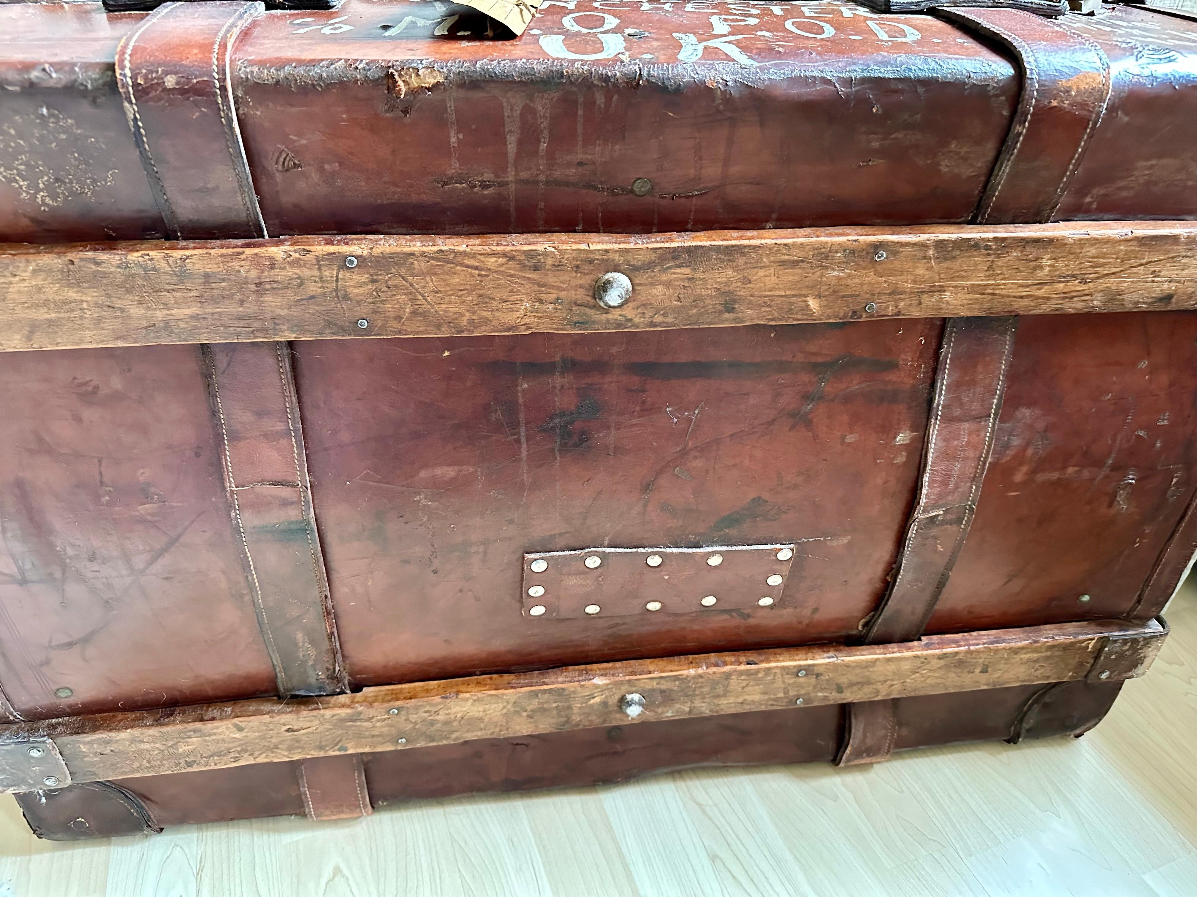 Brass Antique Leather Trunk from England with captivating Patina For Sale