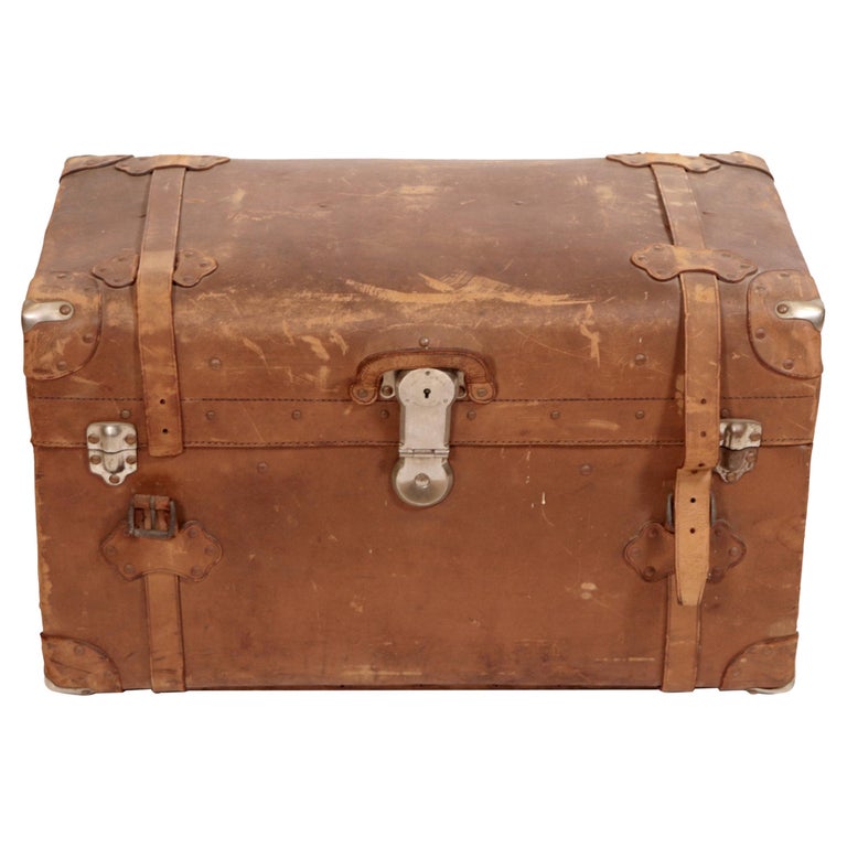 Antique Leather Trunk w/ Leather Handles, Straps and Orig. Lock and Key
