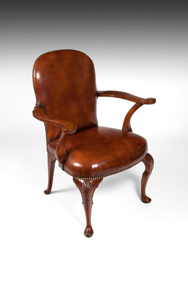 Antique Leather Upholstered Walnut Armchair on Cabriole Legs at 1stDibs