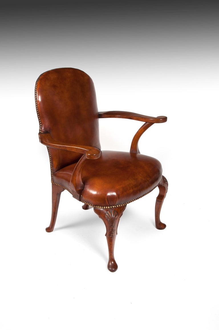 Antique Leather Upholstered Walnut Armchair on Cabriole Legs at 1stDibs