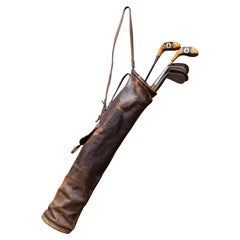 Antique Leather Walking Golf Bag with Hickory-Shaft & Steel Vintage Clubs c.1920